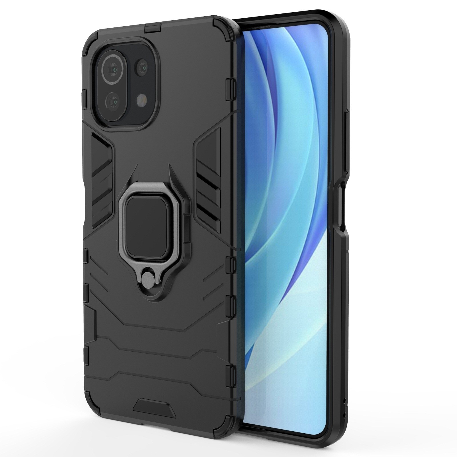Σκληρή Θήκη Xiaomi Mi 11 Lite 4G / Mi 11 Lite 5G Μαύρη Με Σταντ Shockproof PC + TPU Case with Magnetic Ring Holder Black
