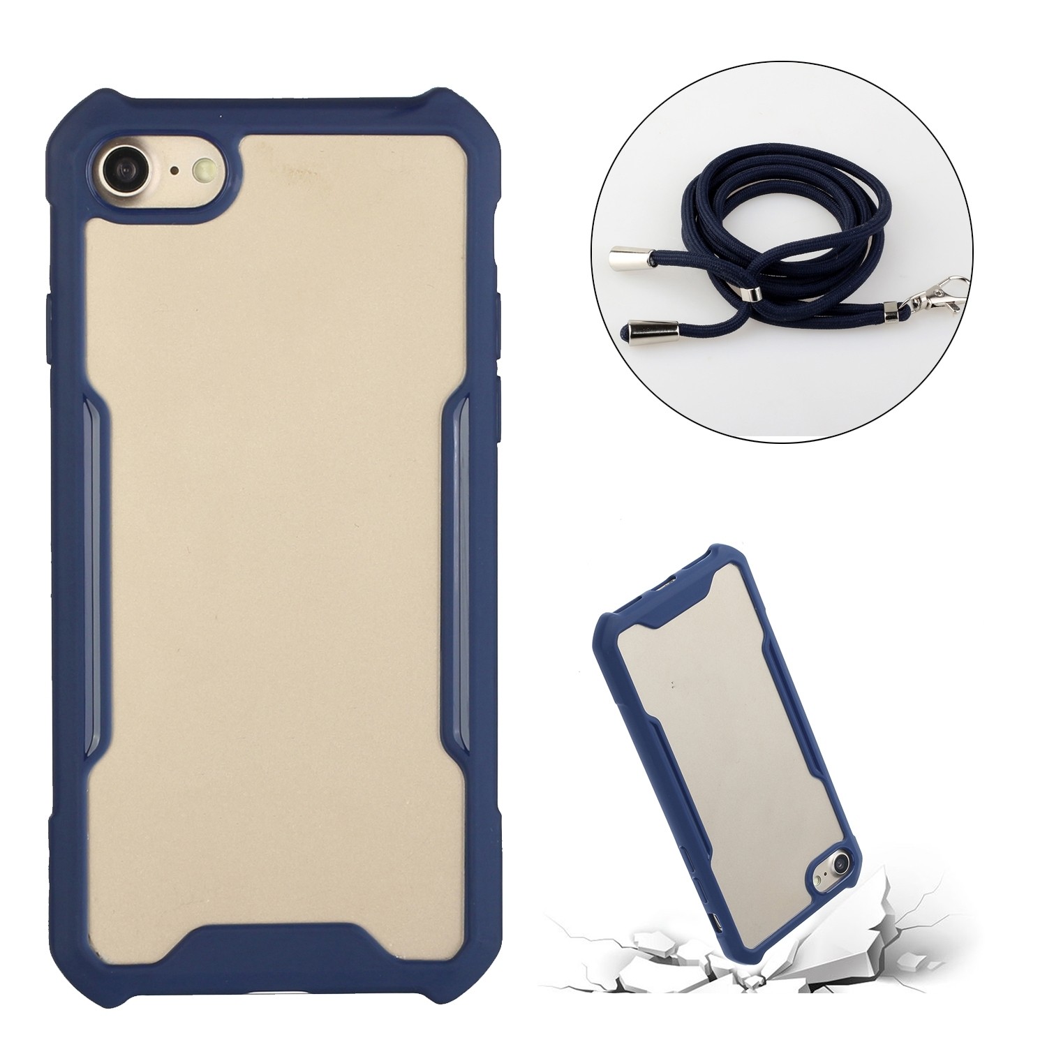 Θήκη iPhone SE 2022 / SE 2020 / 8 / 7 Σκούρο Μπλε με Λουράκι Acrylic + Color TPU Shockproof Case with Neck Lanyard Dark Blue