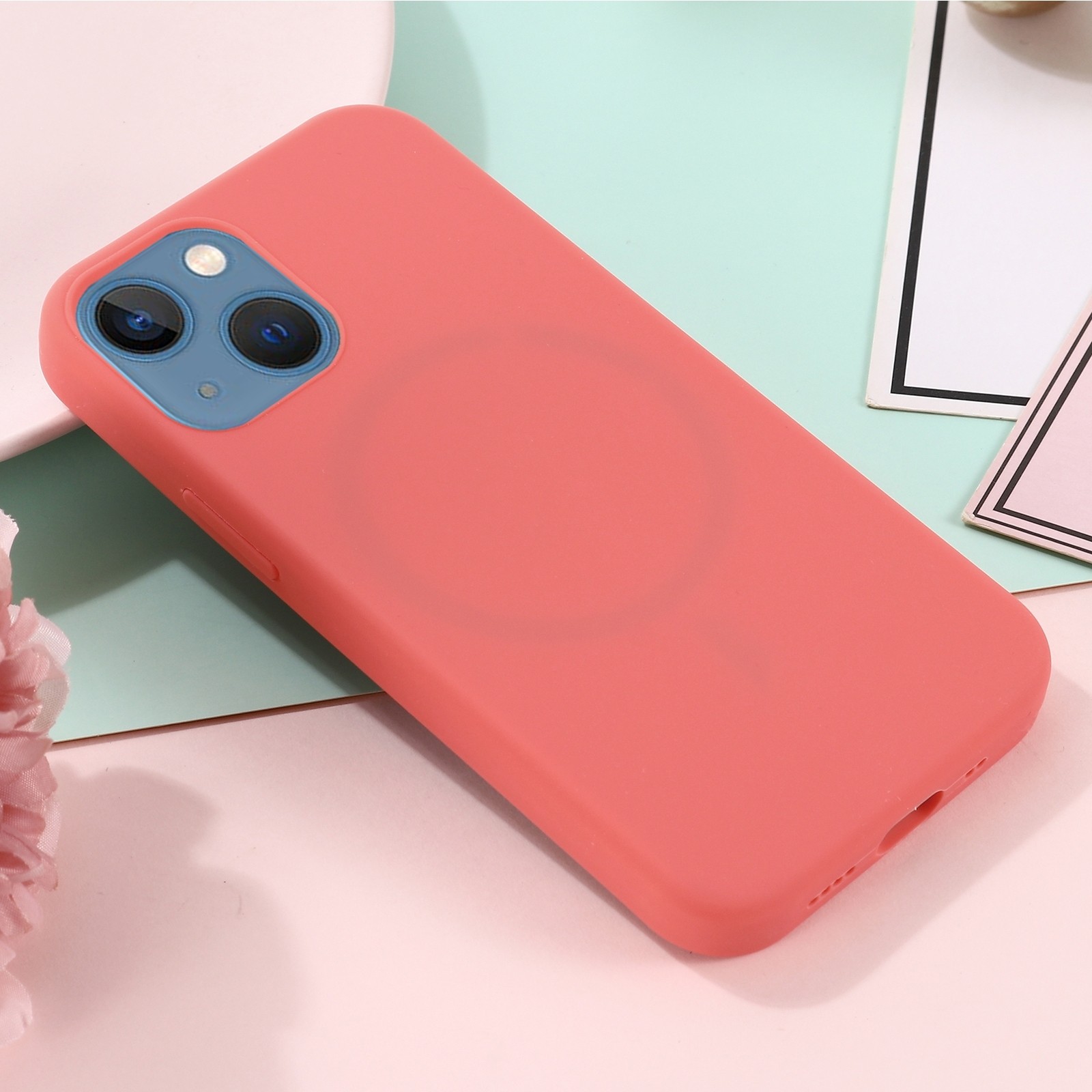Θήκη iPhone 13 Σιλικόνης Κοραλί Shockproof Magnetic Magsafe Silicone Case Pink Orange