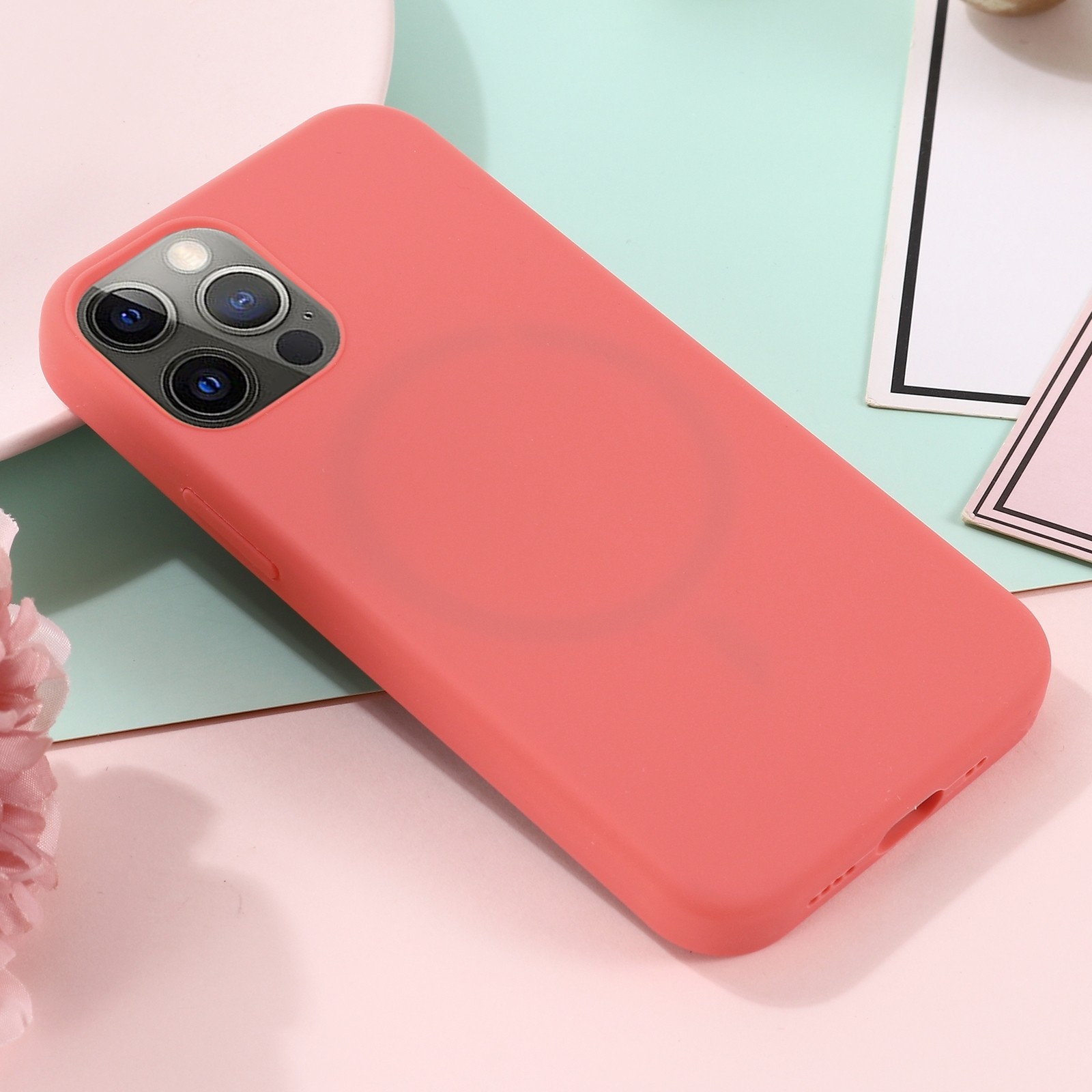 Θήκη iPhone 13 Pro Σιλικόνης Κοραλί Shockproof Magnetic Magsafe Silicone Case Pink Orange