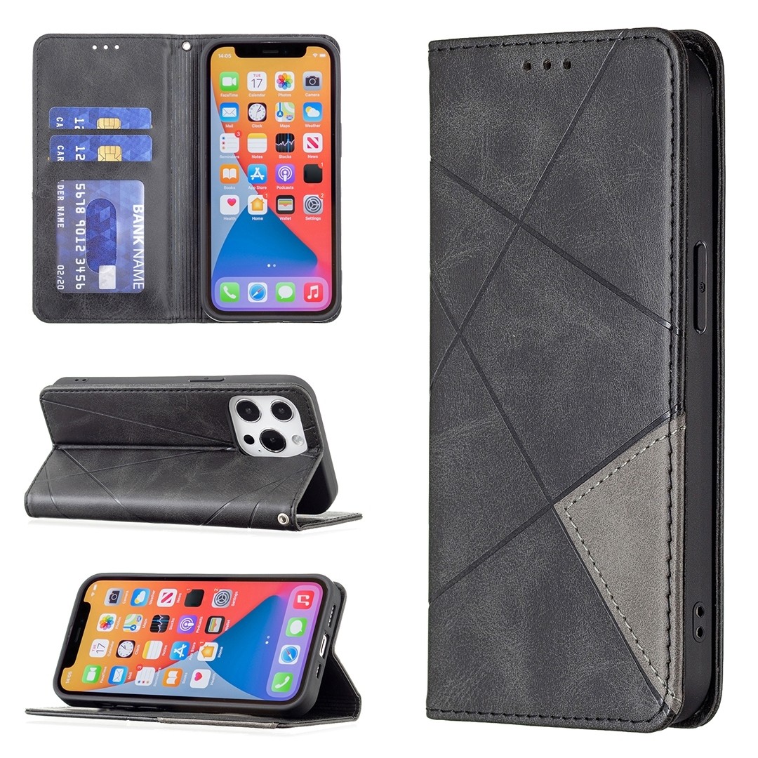 Θήκη iPhone 13 Βιβλίο Μαύρο Rhombus Texture Horizontal Flip Magnetic Case Black