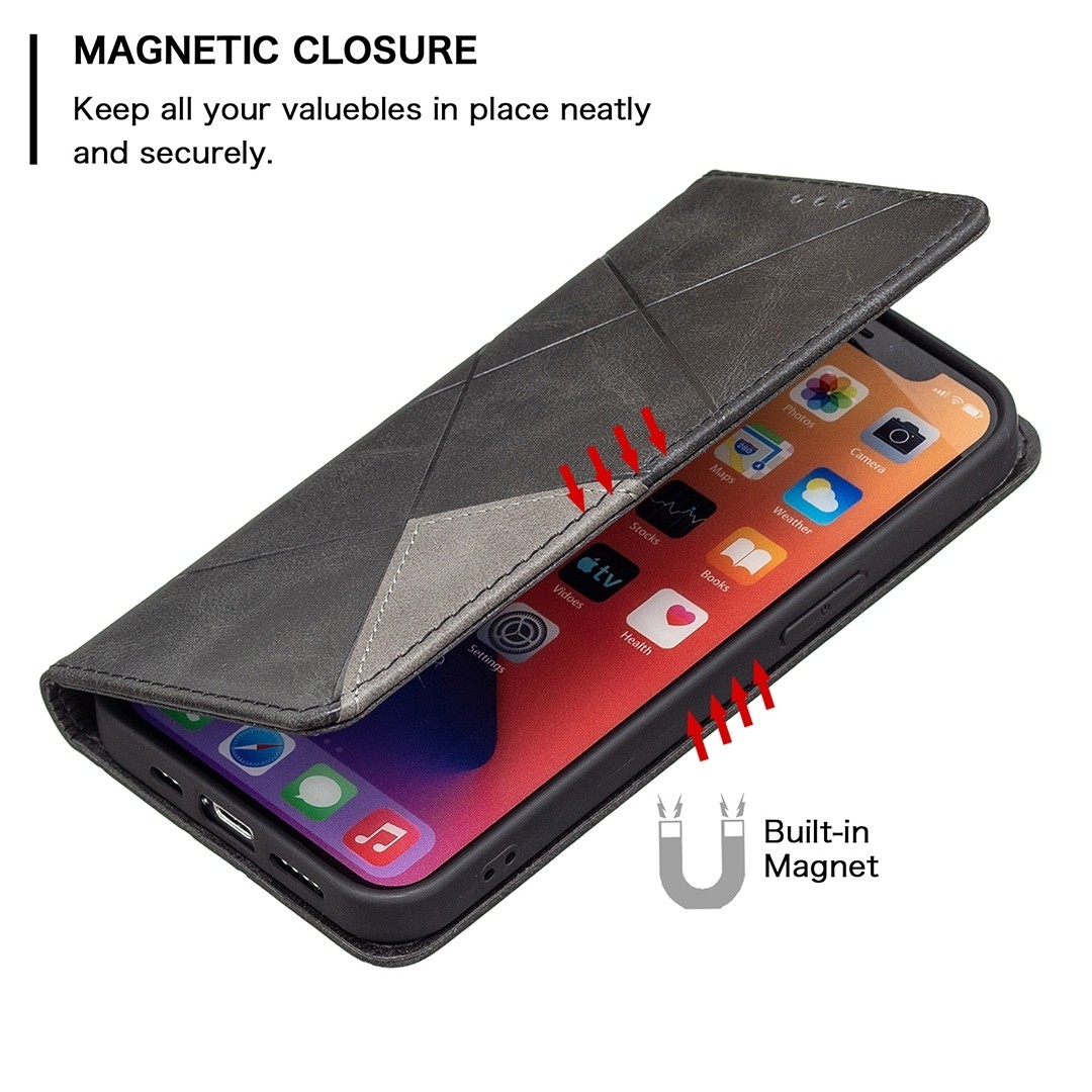 Θήκη iPhone 13 mini Βιβλίο Μαύρο Rhombus Texture Horizontal Flip Magnetic Case Black