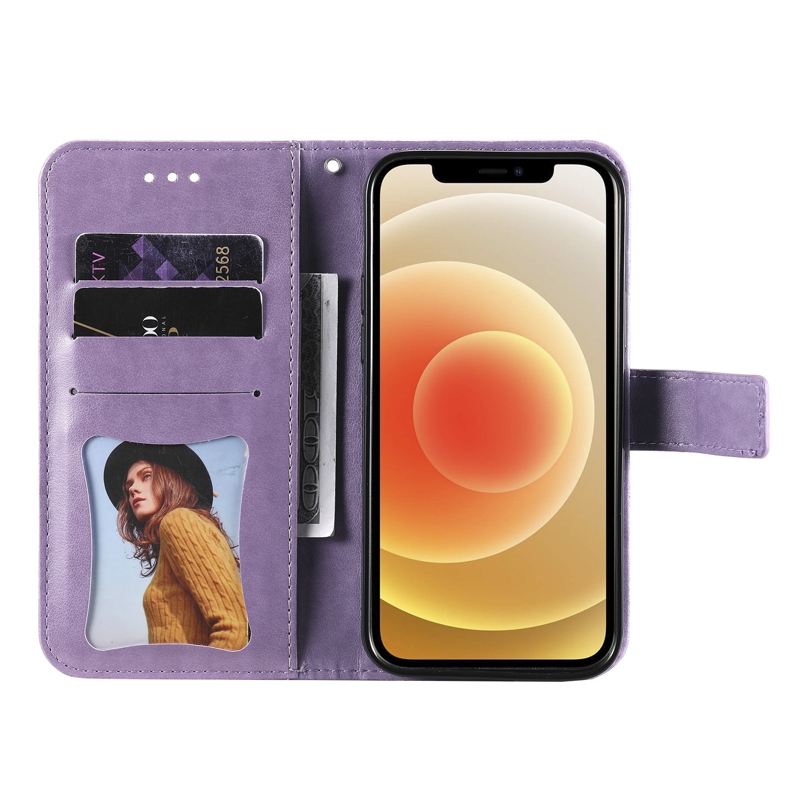 Θήκη iPhone 13 mini Βιβλίο Μωβ Λουλούδια 7-petal Flowers Embossing Pattern Horizontal Flip Case Purple