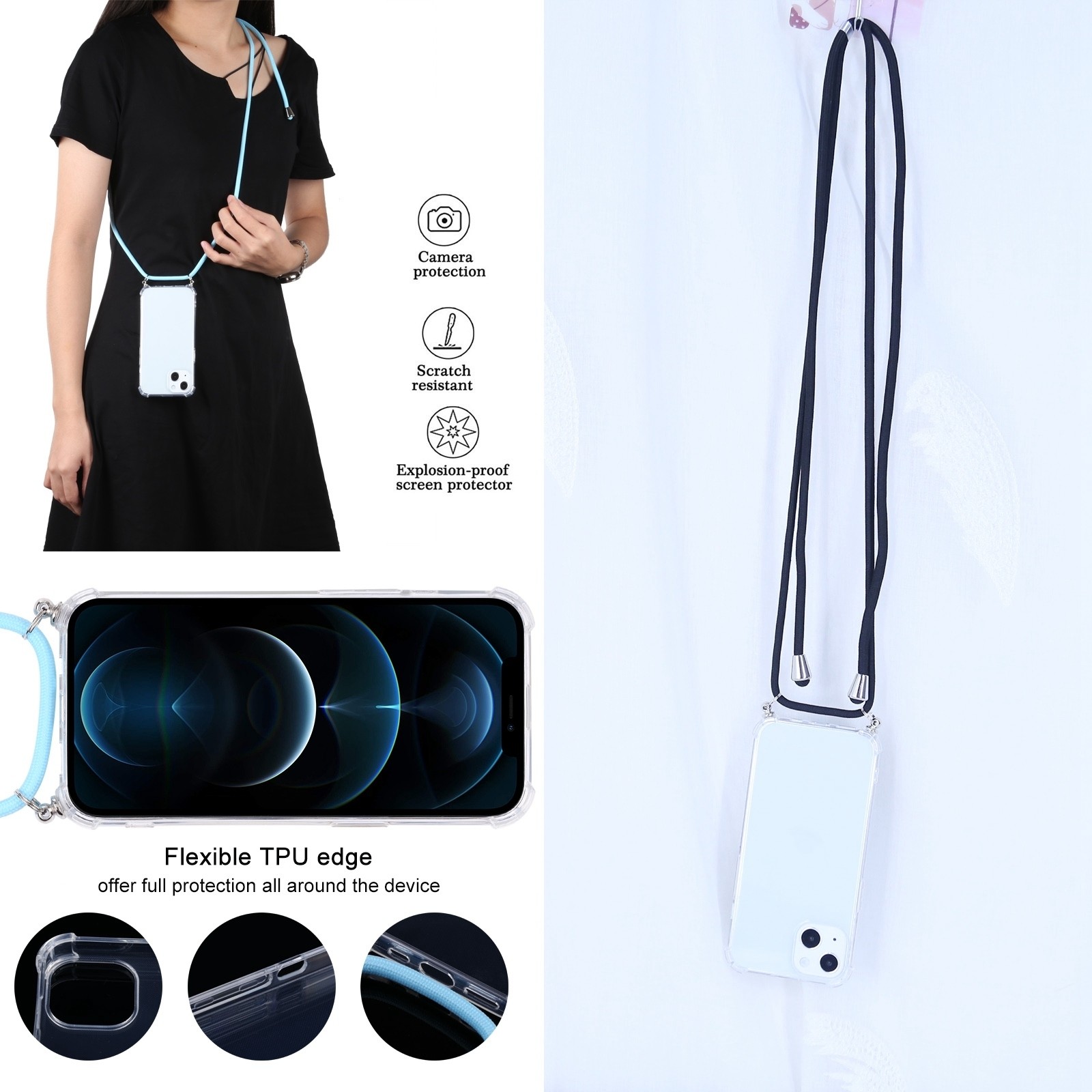 iPhone 13 mini Four-corner Shockproof Transparent TPU Protective Case with Lanyard Black