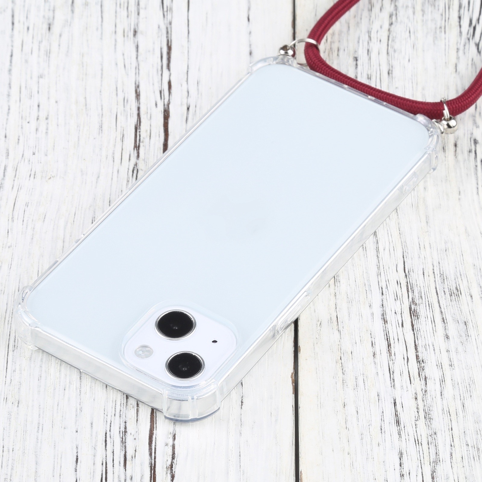 iPhone 13 Θήκη με Λουράκι Four-corner Shockproof Transparent TPU Protective Case with Lanyard Wine Red