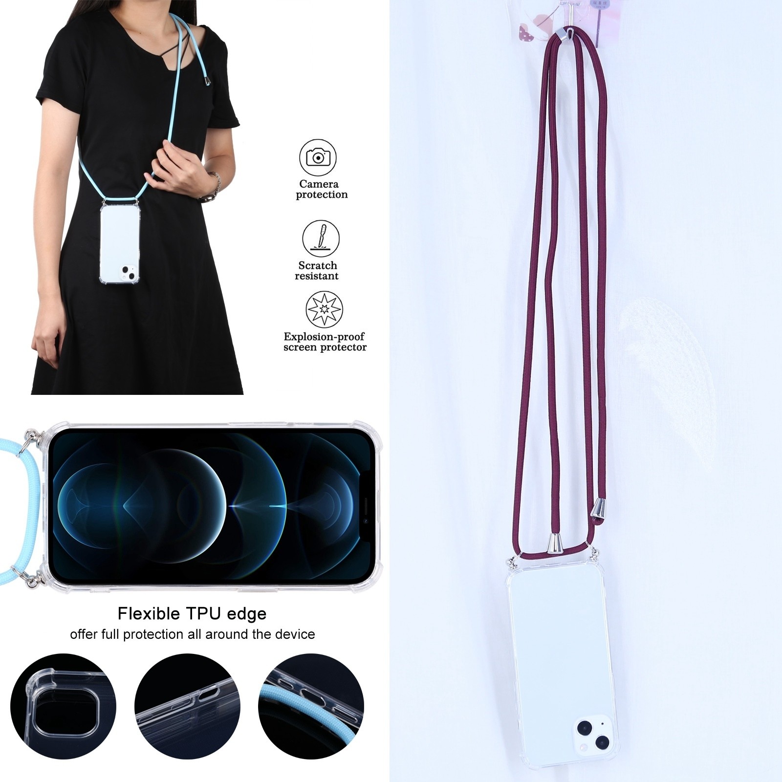 iPhone 13 Θήκη με Λουράκι Four-corner Shockproof Transparent TPU Protective Case with Lanyard Wine Red
