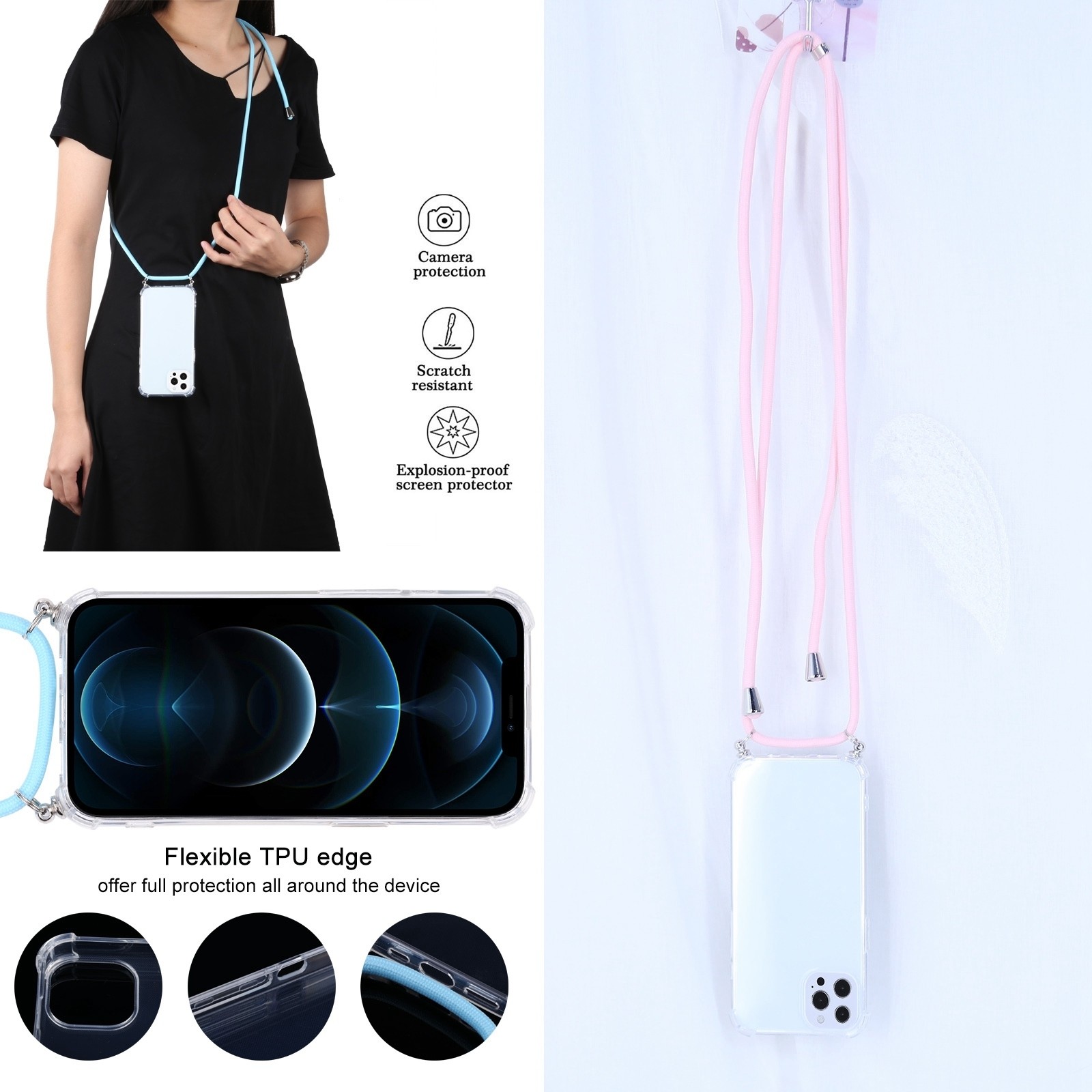 iPhone 13 Pro Θήκη με Λουράκι Four-corner Shockproof Transparent TPU Protective Case with Lanyard Pink