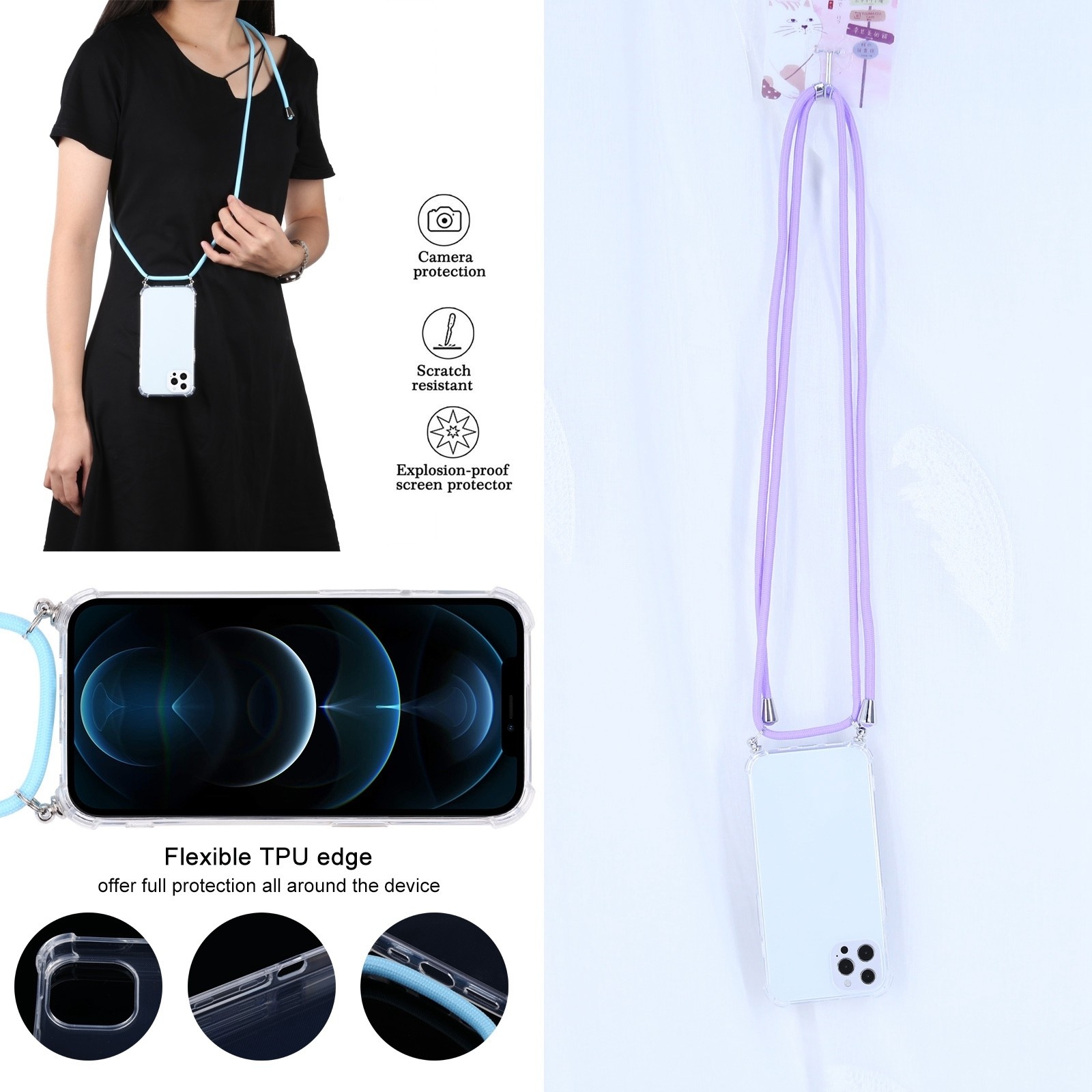iPhone 13 Pro Max Θήκη με Λουράκι Four-corner Shockproof Transparent TPU Protective Case with Lanyard Purple