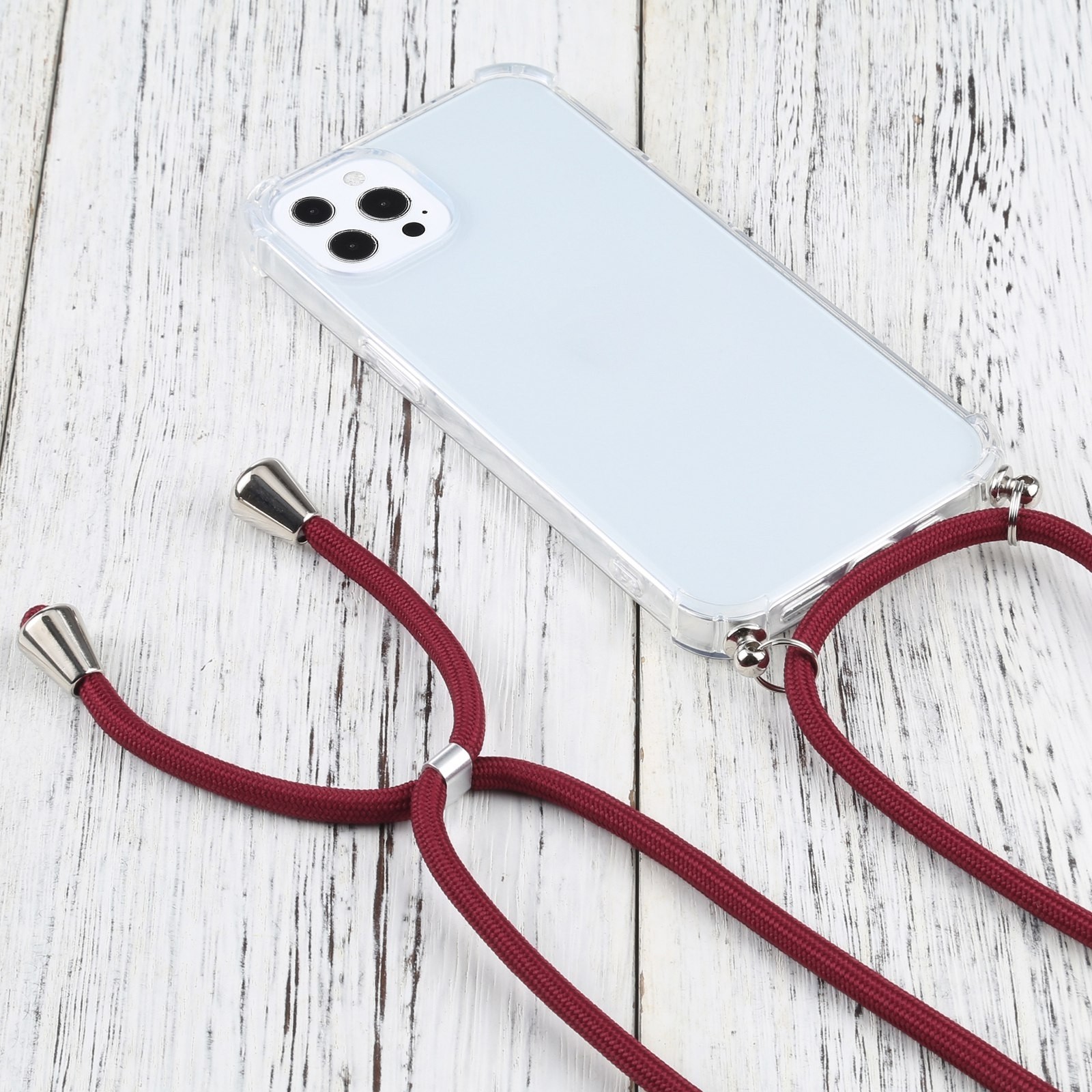 iPhone 13 Pro Max Θήκη με Λουράκι Four-corner Shockproof Transparent TPU Protective Case with Lanyard Wine Red