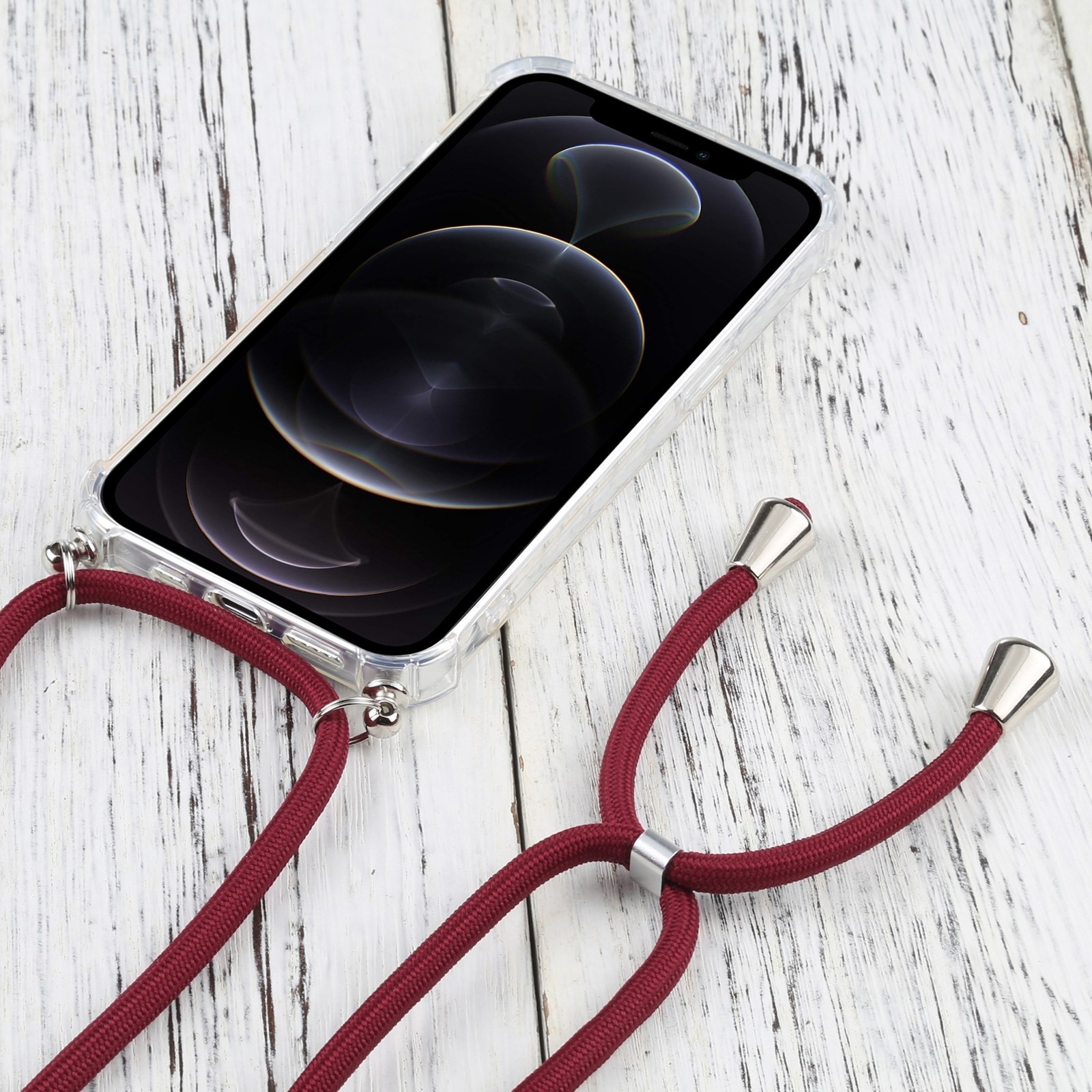 iPhone 13 Pro Max Θήκη με Λουράκι Four-corner Shockproof Transparent TPU Protective Case with Lanyard Wine Red
