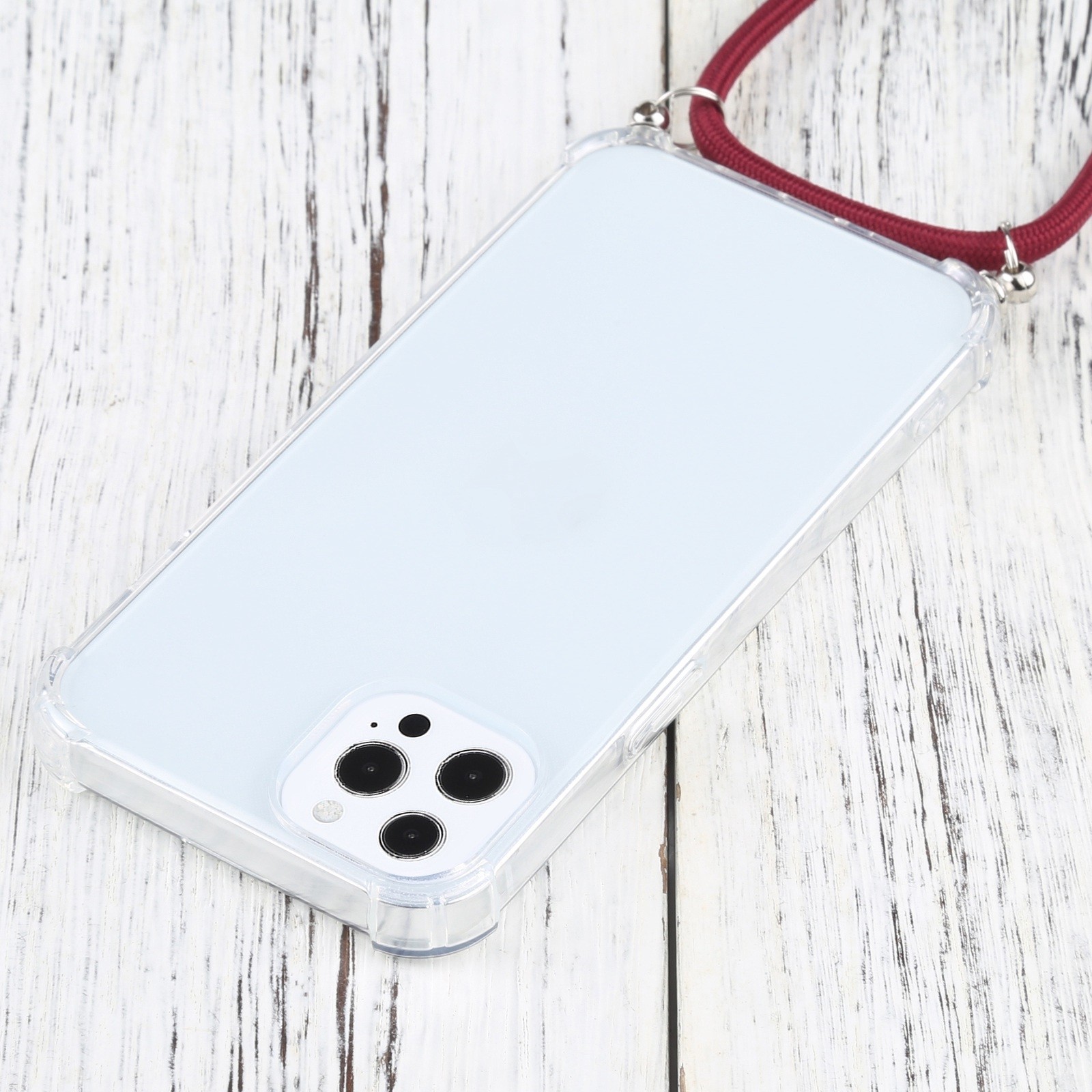 iPhone 13 Pro Θήκη με Λουράκι Four-corner Shockproof Transparent TPU Protective Case with Lanyard Wine - Red