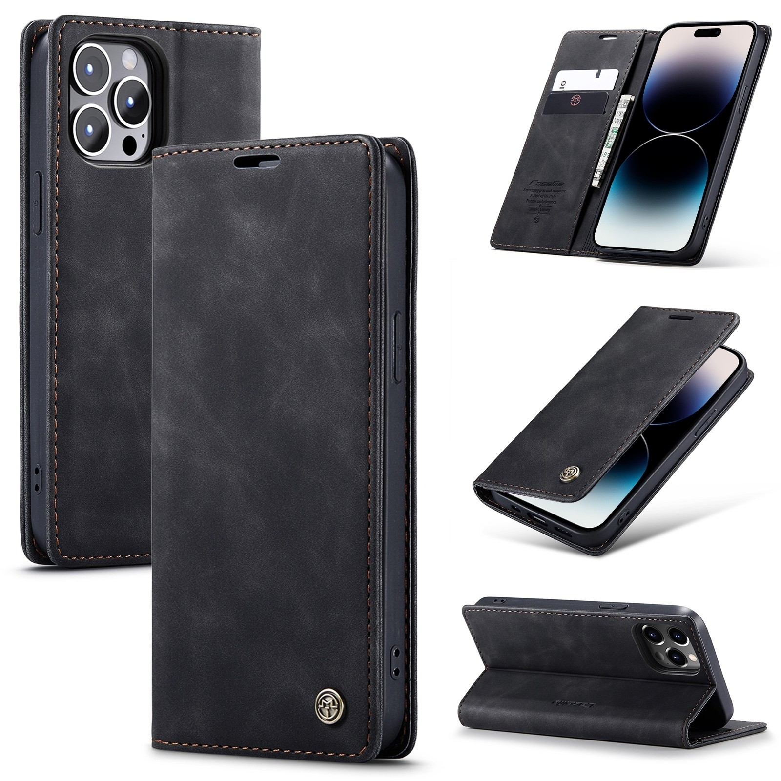 iPhone 14 Pro Θήκη Βιβλίο Μαύρο CaseMe-013 Multifunctional Retro Frosted Phone Case Black