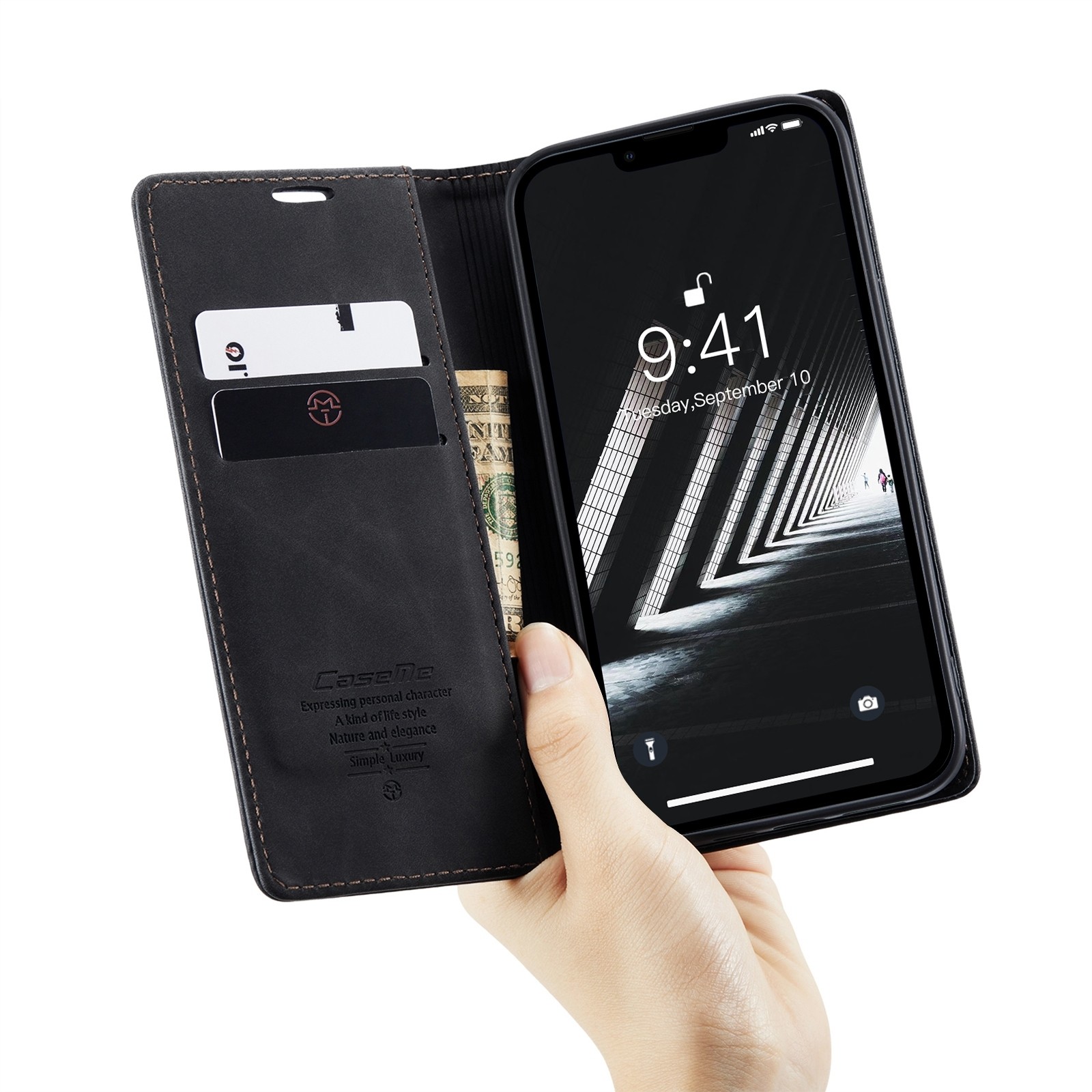 iPhone 14 Θήκη Βιβλίο Μαύρο CaseMe-013 Multifunctional Retro Frosted Phone Case Black