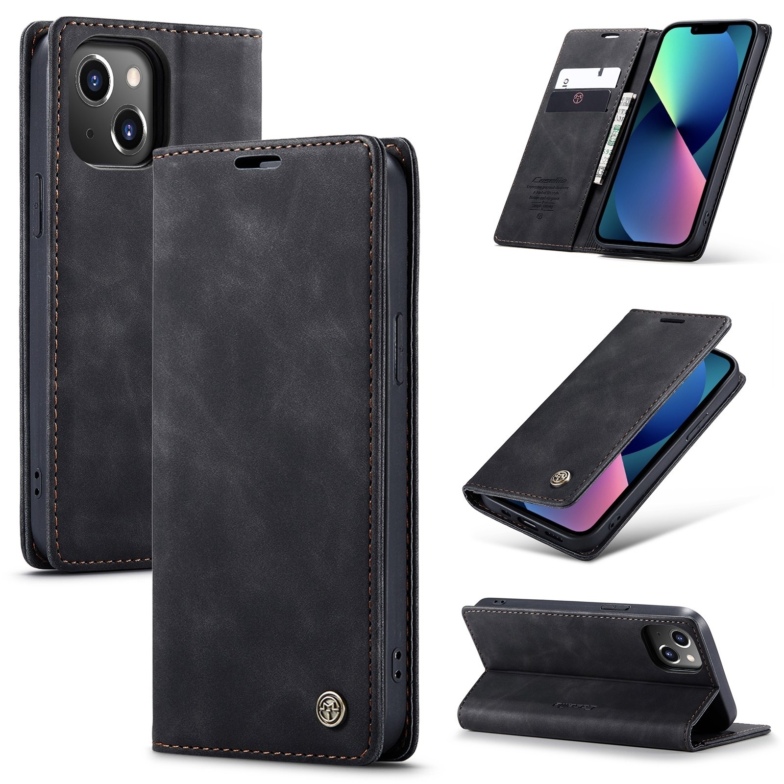 iPhone 14 Θήκη Βιβλίο Μαύρο CaseMe-013 Multifunctional Retro Frosted Phone Case Black