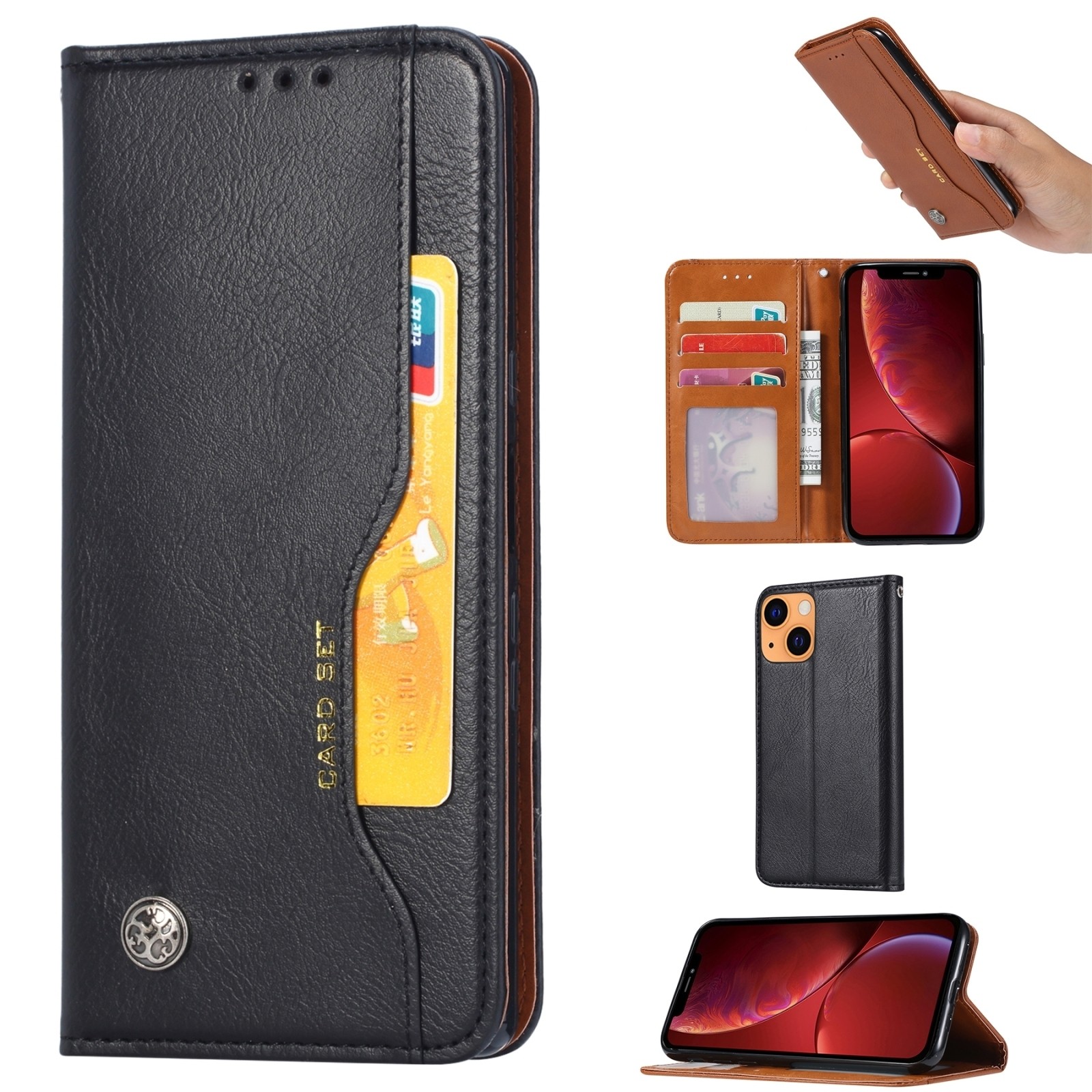 iPhone 14 Plus Θήκη Βιβλίο Μαύρο Knead Skin Texture Horizontal Flip Case Black