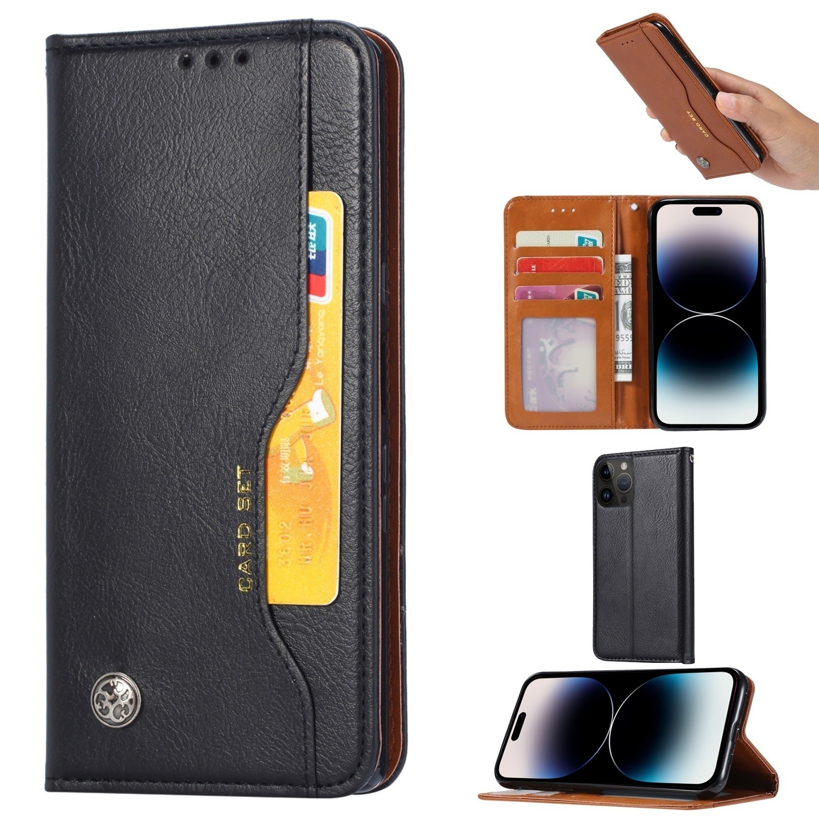 iPhone 14 Pro Θήκη Βιβλίο Μαύρο Knead Skin Texture Horizontal Flip Case Black