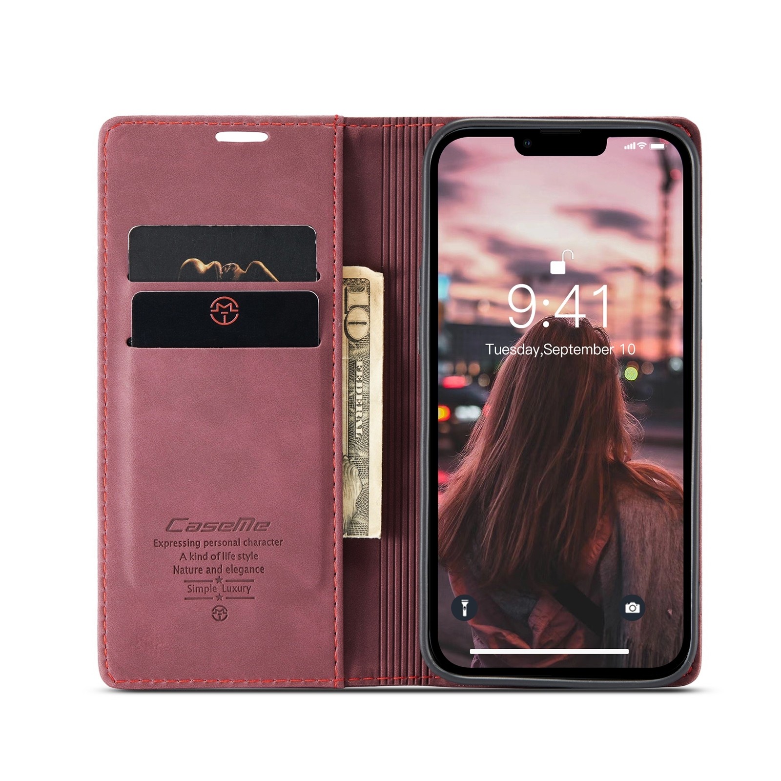 iPhone 14 Θήκη Βιβλίο Μπορντό CaseMe-013 Multifunctional Retro Frosted Phone Case Wine Red