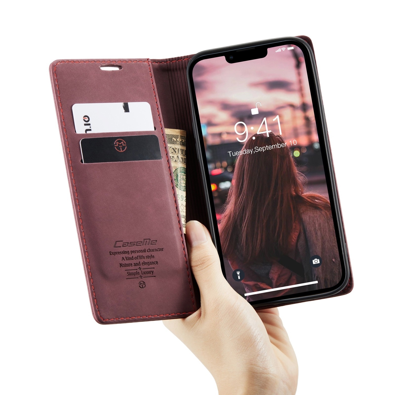 iPhone 14 Θήκη Βιβλίο Μπορντό CaseMe-013 Multifunctional Retro Frosted Phone Case Wine Red