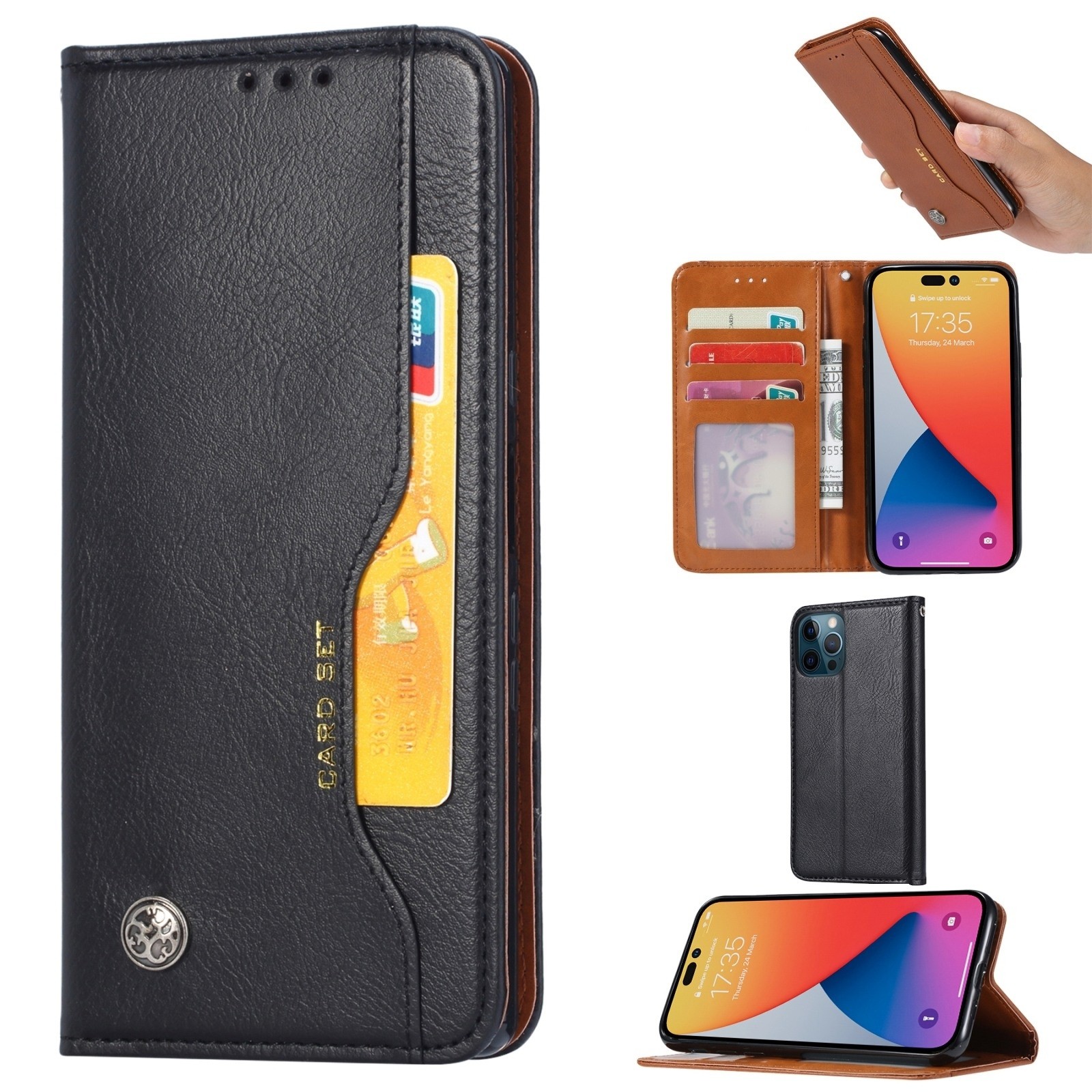 iPhone 14 Pro Max Θήκη Βιβλίο Μαύρο Knead Skin Texture Horizontal Flip Case Black