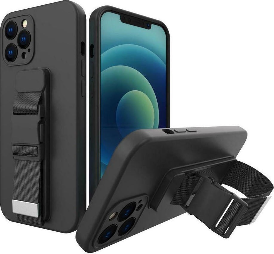 iPhone 13 Pro Max Θήκη Σιλικόνης Μαύρη Rope Case Gel TPU Airbag Case Cover with Lanyard Black