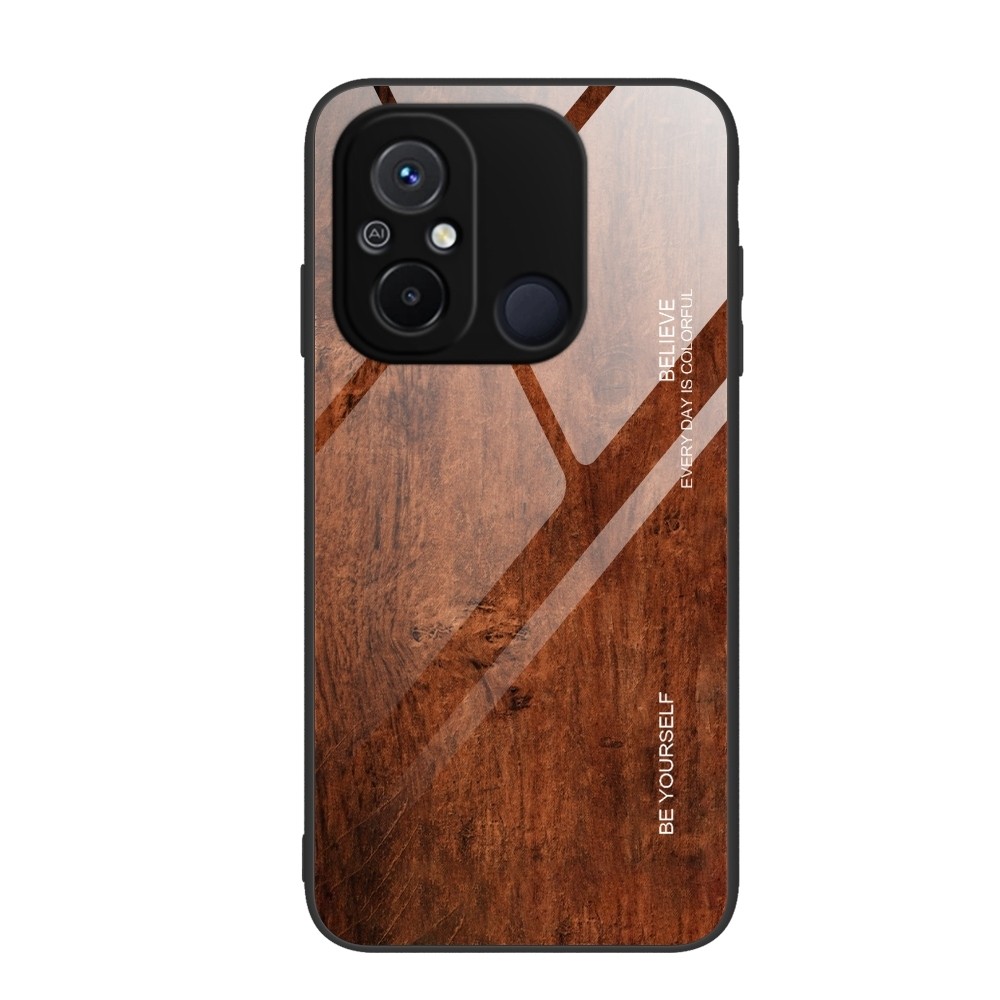Xiaomi Redmi 12C Θήκη Σκούρο Καφέ Με Πλαίσιο Σιλικόνης Και Όψη Γυαλιού Wood Grain Glass Phone Case Dark Brown
