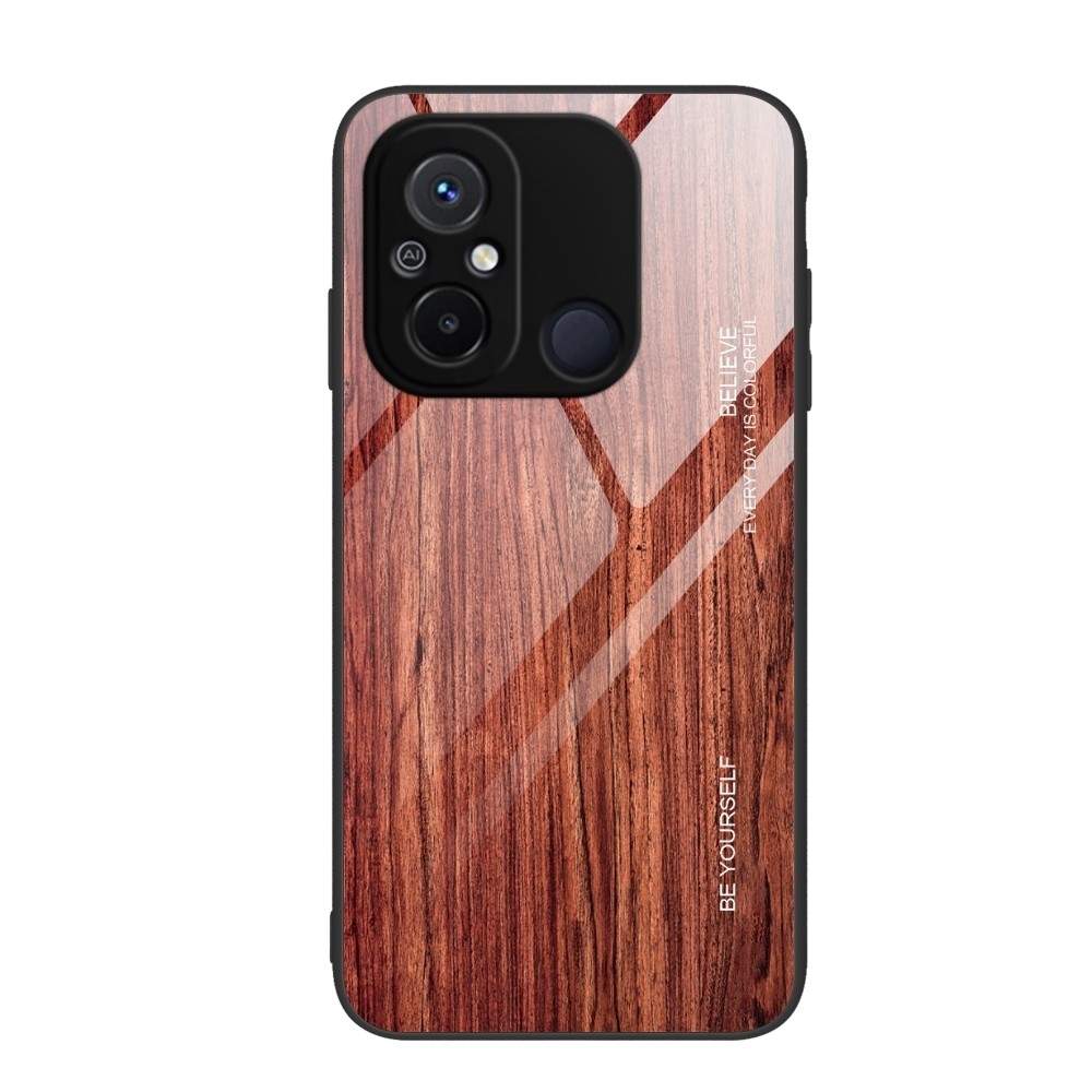Xiaomi Redmi 12C Θήκη Με Πλαίσιο Σιλικόνης Και Όψη Γυαλιού Wood Grain Glass Phone Case Coffee