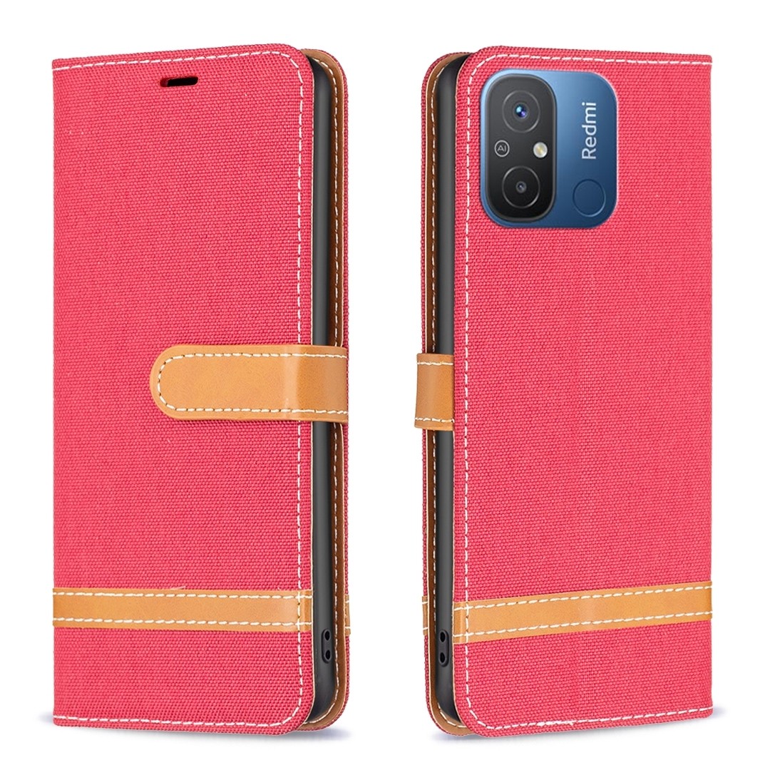Xiaomi Redmi 12C Θήκη Βιβλίο Κόκκινο Color Block Denim Texture Phone Case Red