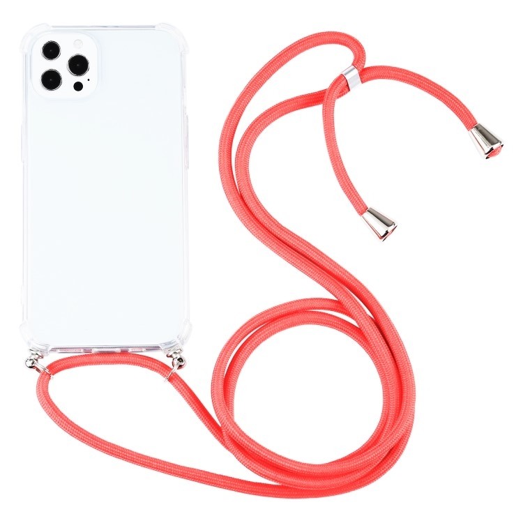iPhone 13 Pro Max Θήκη με Λουράκι Four-corner Shockproof Transparent TPU Protective Case with Lanyard Coral - Pink