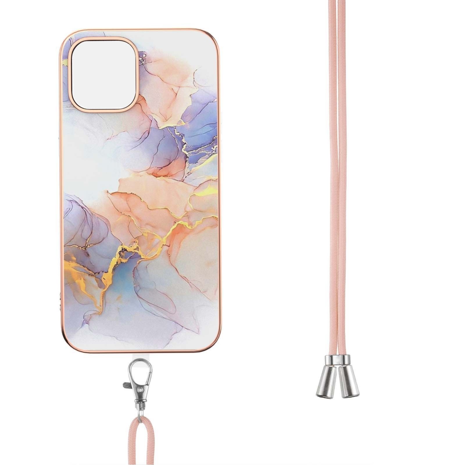iPhone 13 Θήκη Σιλικόνης Με Λουράκι Electroplating Pattern IMD TPU Shockproof Case with Neck Lanyard Milky Way White Marble