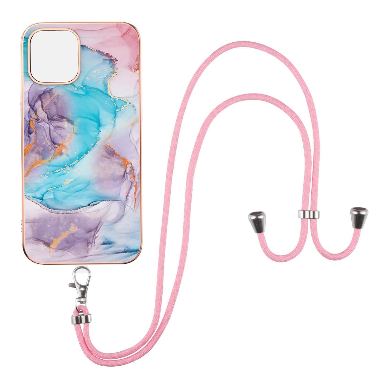 iPhone 13 Θήκη Σιλικόνης Με Λουράκι Electroplating Pattern IMD TPU Shockproof Case with Neck Lanyard Milky Way Blue Marble