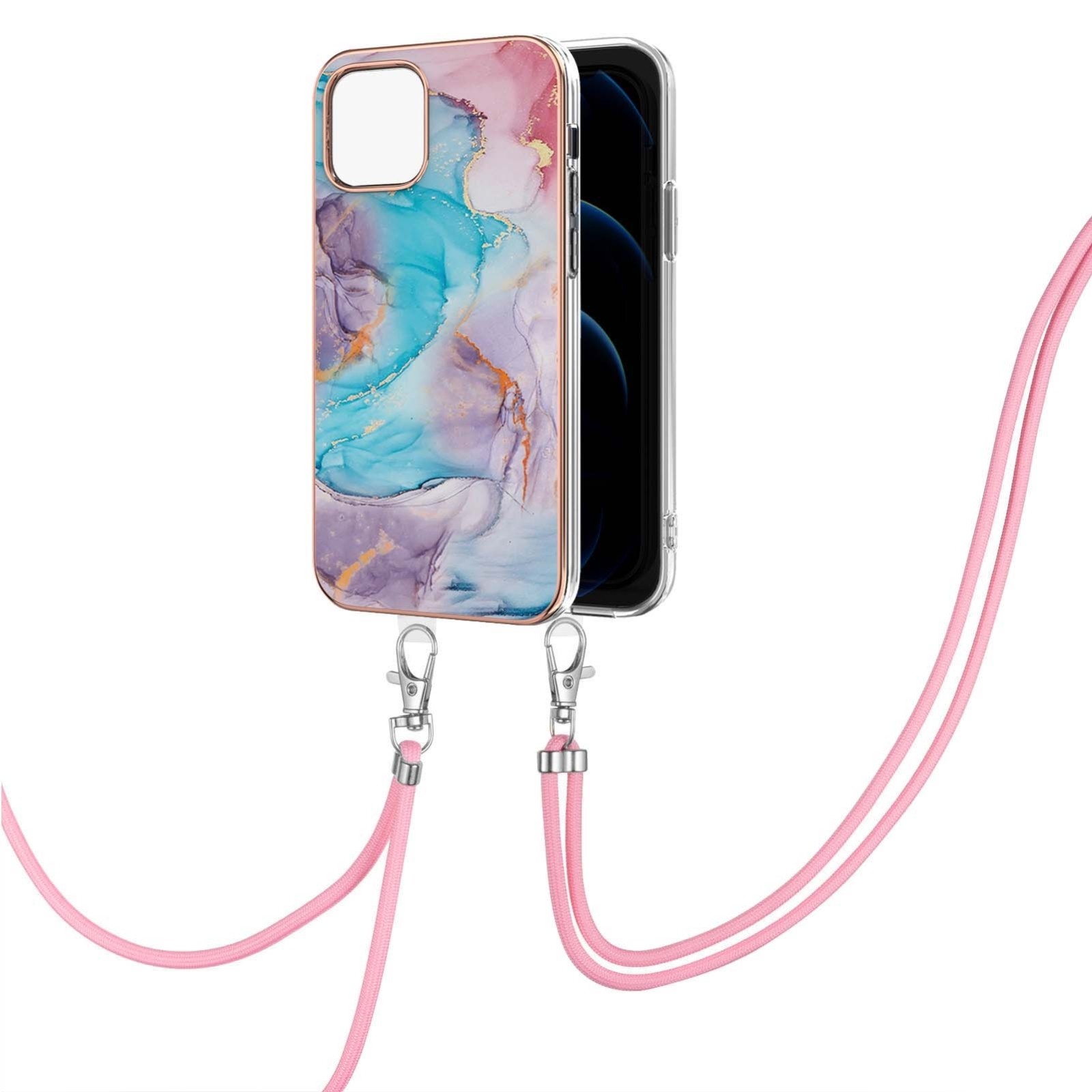iPhone 13 Θήκη Σιλικόνης Με Λουράκι Electroplating Pattern IMD TPU Shockproof Case with Neck Lanyard Milky Way Blue Marble