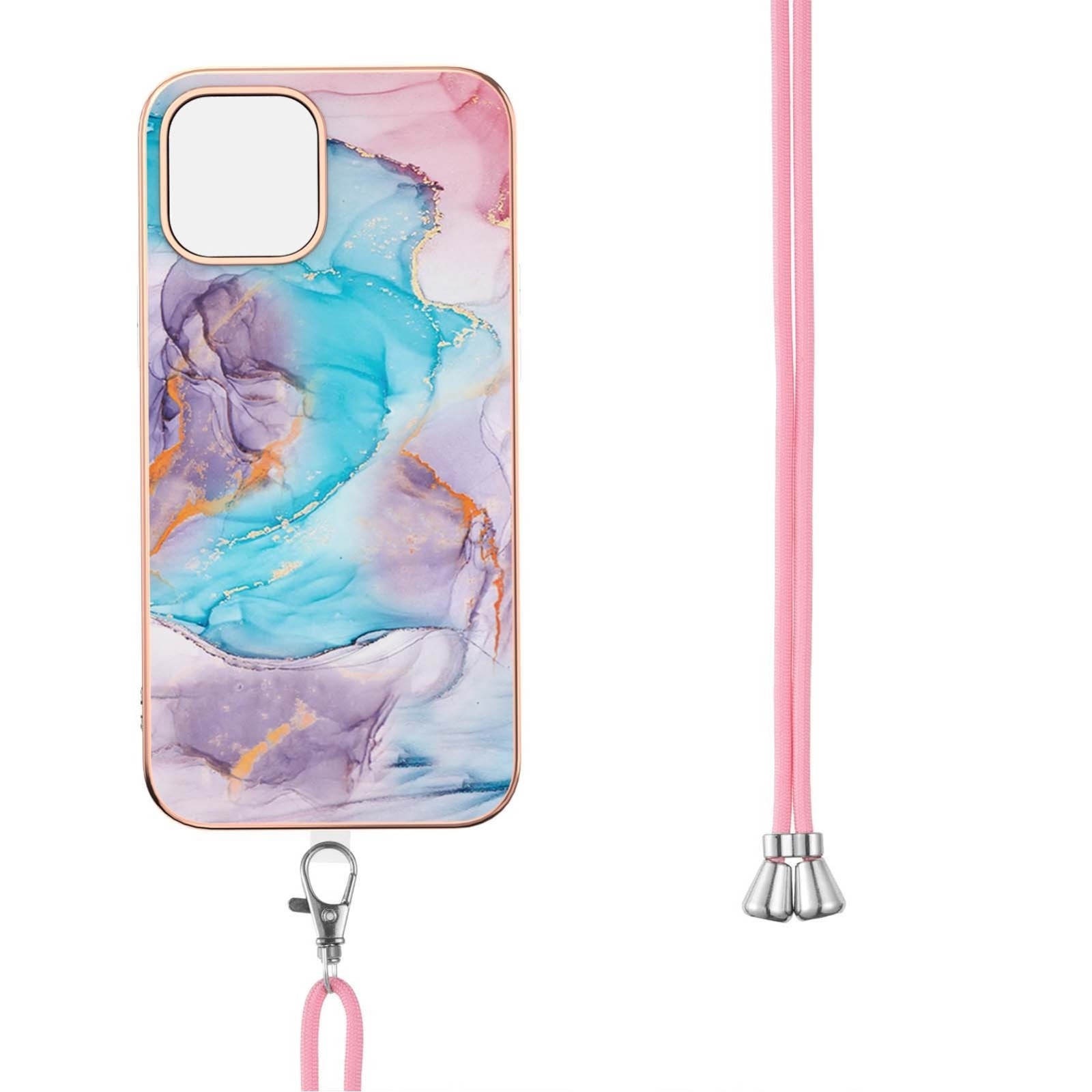 iPhone 13 Θήκη Σιλικόνης Με Λουράκι Electroplating Pattern IMD TPU Shockproof Case with Neck Lanyard Milky Way Blue Marble
