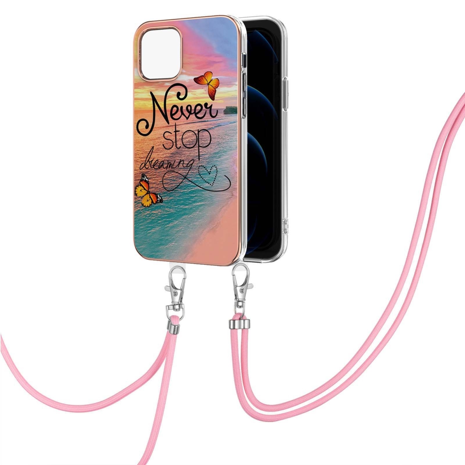 iPhone 13 Θήκη Σιλικόνης Με Λουράκι Electroplating Pattern IMD TPU Shockproof Case with Neck Lanyard Dream Chasing Butterfly