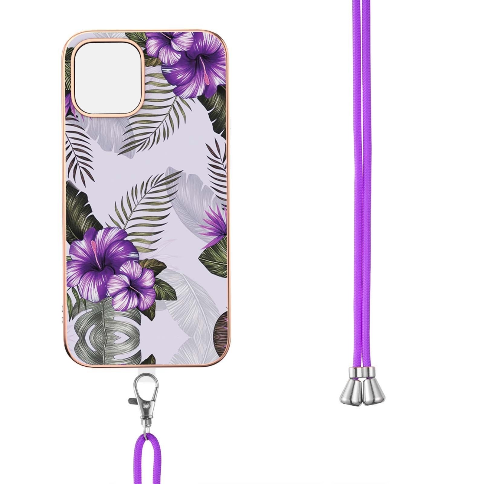 iPhone 13 Pro Max Θήκη Σιλικόνης Με Λουράκι Electroplating Pattern IMD TPU Shockproof Case Purple Flower