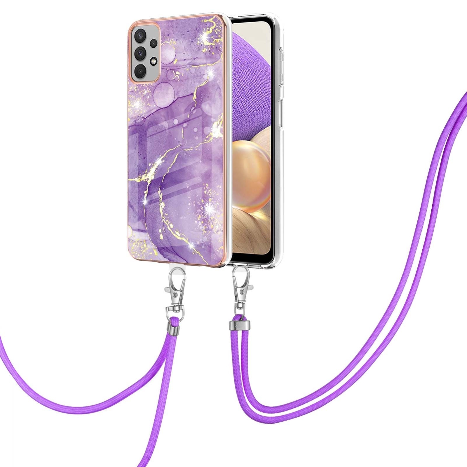 Samsung Galaxy A33 5G Θήκη Σιλικόνης Με Λουράκι Electroplating Marble IMD TPU Phone Case with Lanyard Purple 002