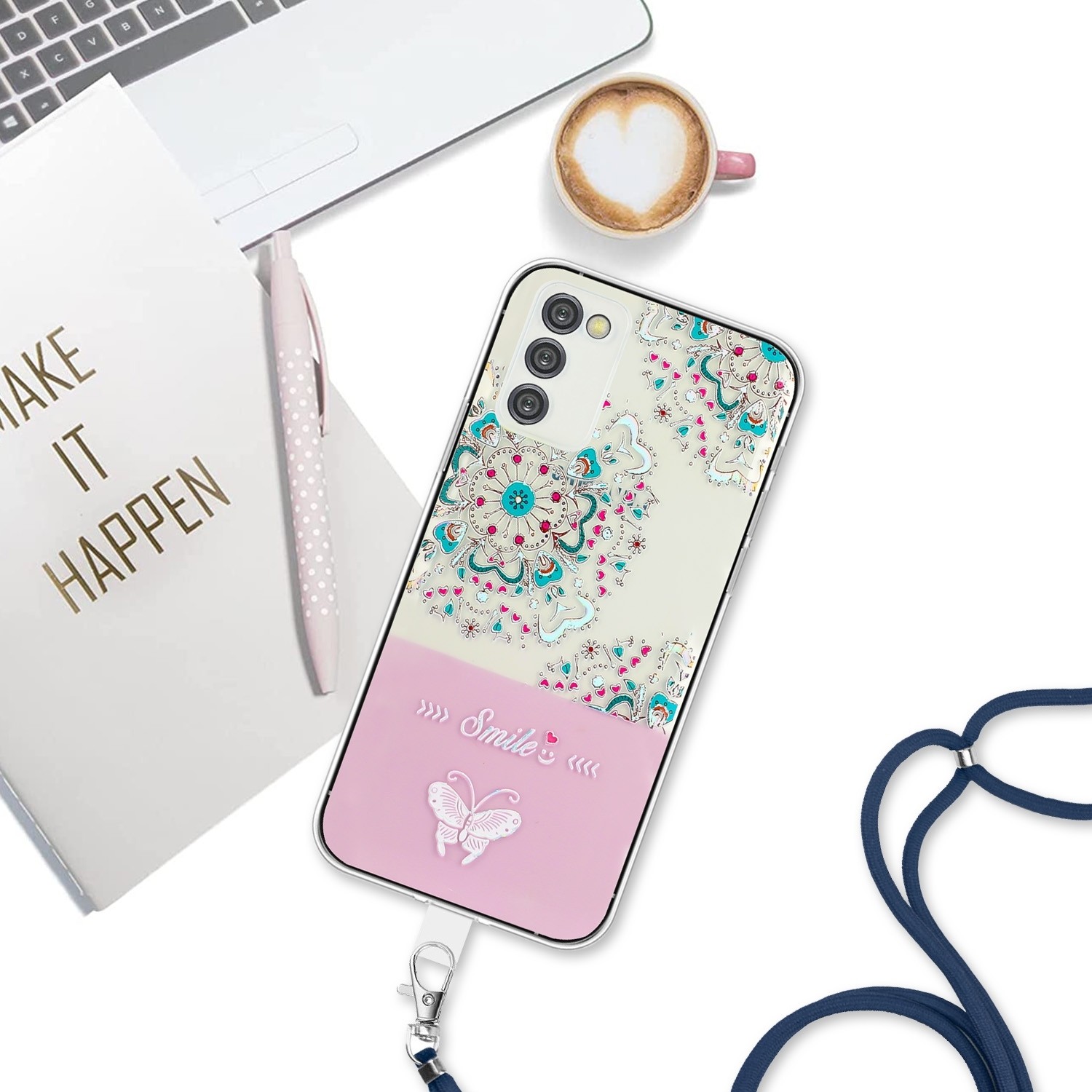 Samsung Galaxy A34 5G Θήκη Σιλικόνης Με Λουράκι Bronzing Butterfly Flower TPU Phone Case with Lanyard Peacock Flower