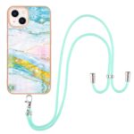 iPhone 13 Θήκη Σιλικόνης Με Λουράκι Electroplating Marble Pattern IMD TPU Shockproof Case with Neck Lanyard Green 004