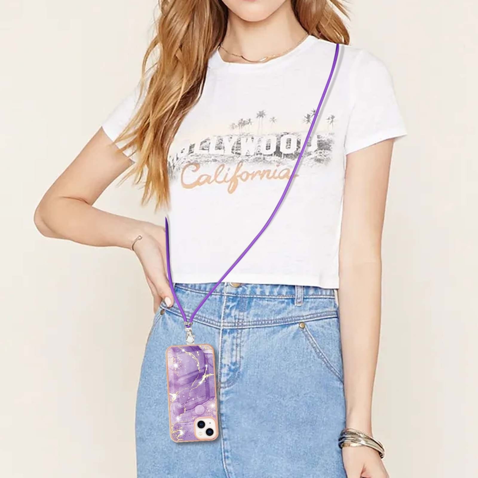iPhone 14 Θήκη Σιλικόνης Με Λουράκι Electroplating Marble Pattern IMD TPU Shockproof Case with Neck Lanyard Purple 002