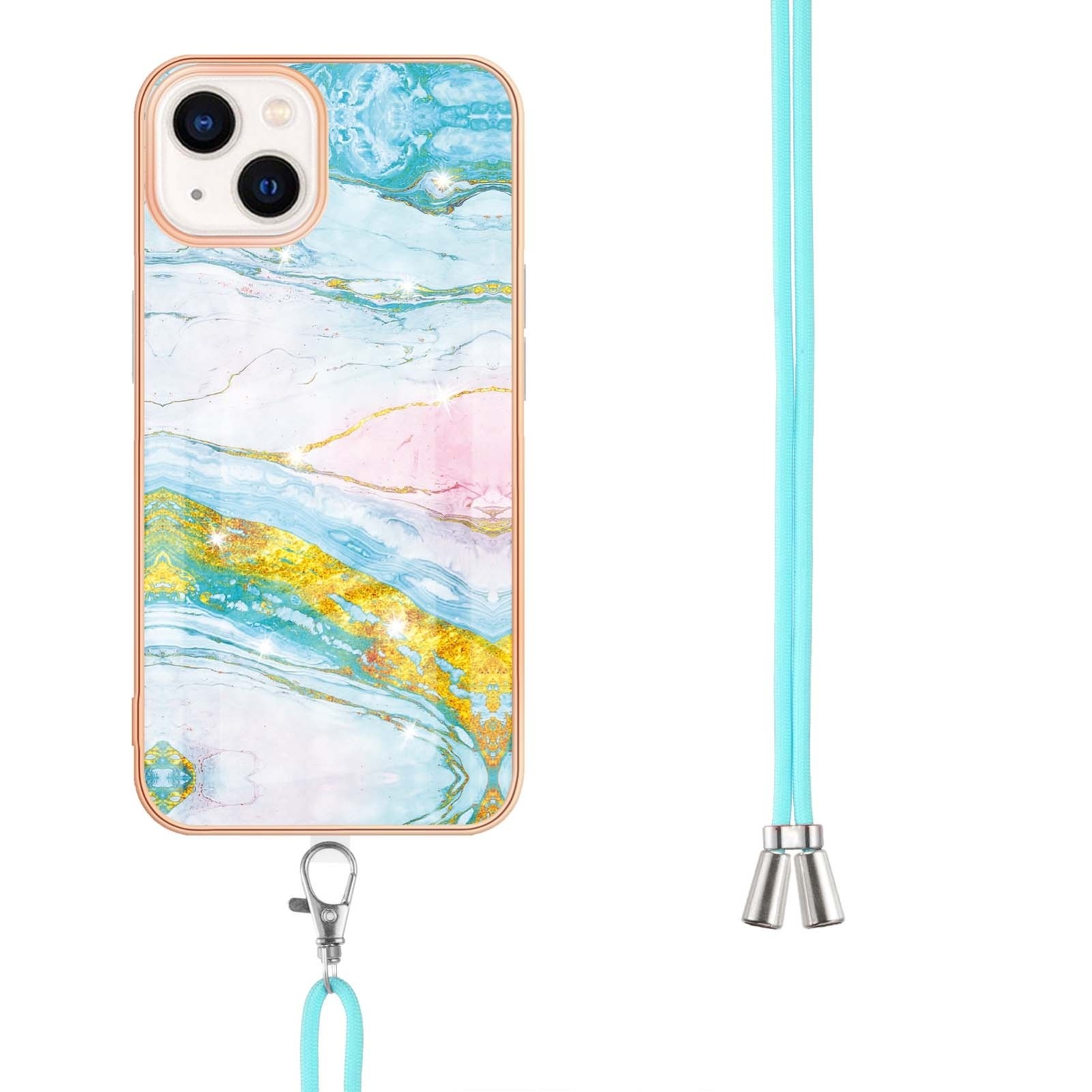 iPhone 14 Θήκη Σιλικόνης Με Λουράκι Electroplating Marble Pattern IMD TPU Shockproof Case with Neck Lanyard Green 004
