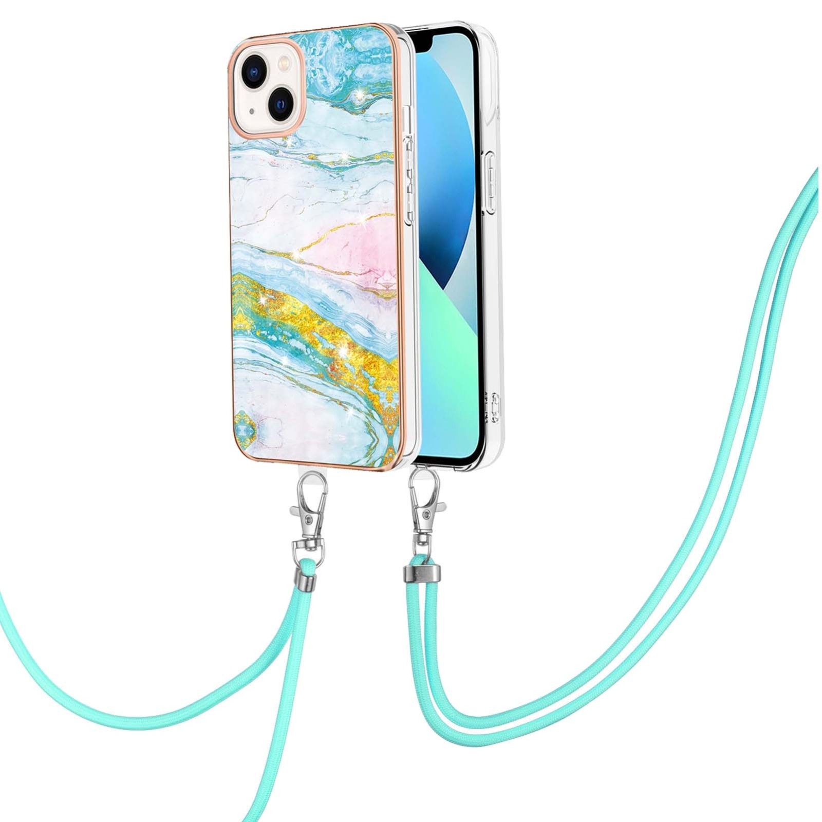 iPhone 14 Θήκη Σιλικόνης Με Λουράκι Electroplating Marble Pattern IMD TPU Shockproof Case with Neck Lanyard Green 004