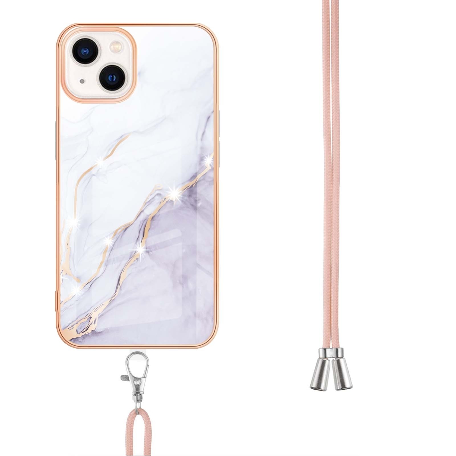 iPhone 14 Θήκη Σιλικόνης Με Λουράκι Electroplating Marble Pattern IMD TPU Shockproof Case with Neck Lanyard White 006