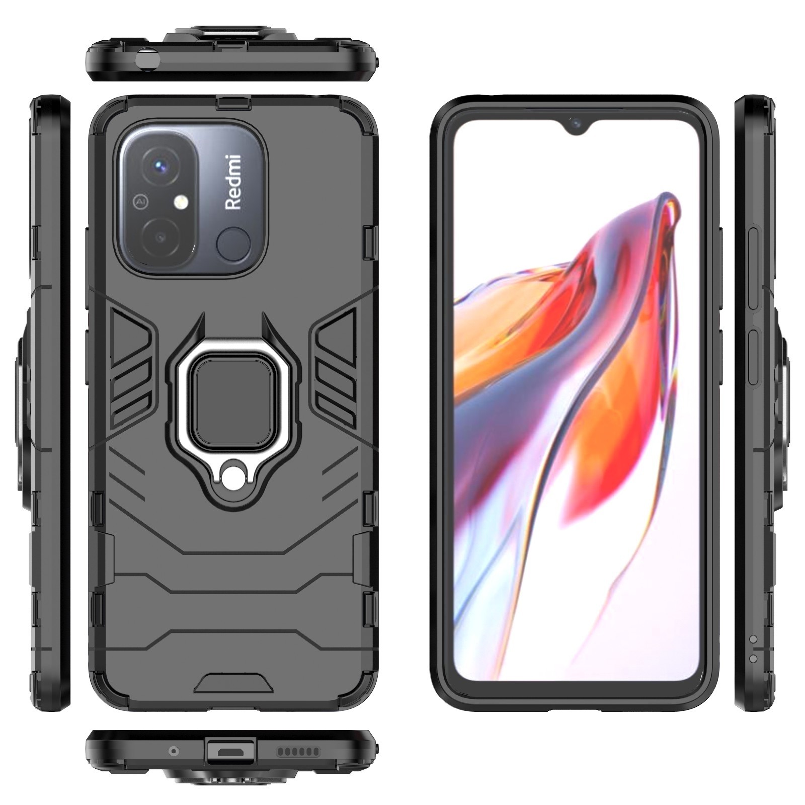 Xiaomi Redmi 12C Σκληρή Θήκη Μαύρη Με Σταντ Magnetic Ring Holder PC + TPU Phone Case Black