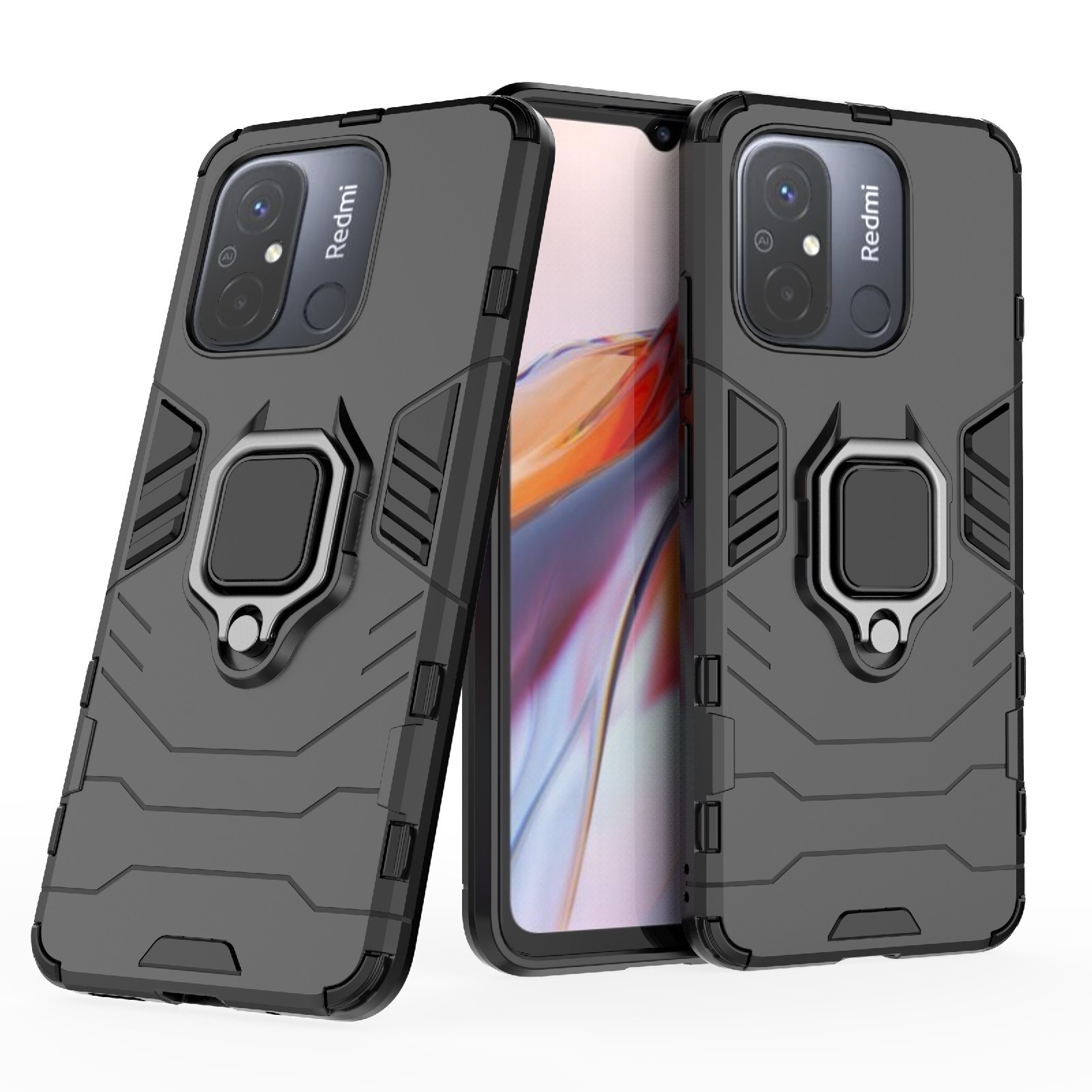 Xiaomi Redmi 12C Σκληρή Θήκη Μαύρη Με Σταντ Magnetic Ring Holder PC + TPU Phone Case Black