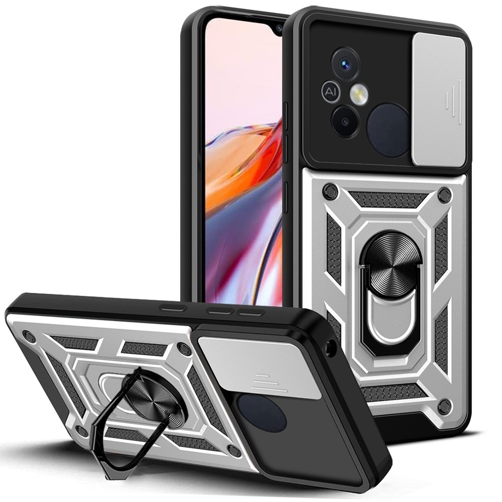 Xiaomi Redmi 12C Θήκη Ασημί Με Σταντ Sliding Camera Cover Design TPU+PC Phone Case Silver