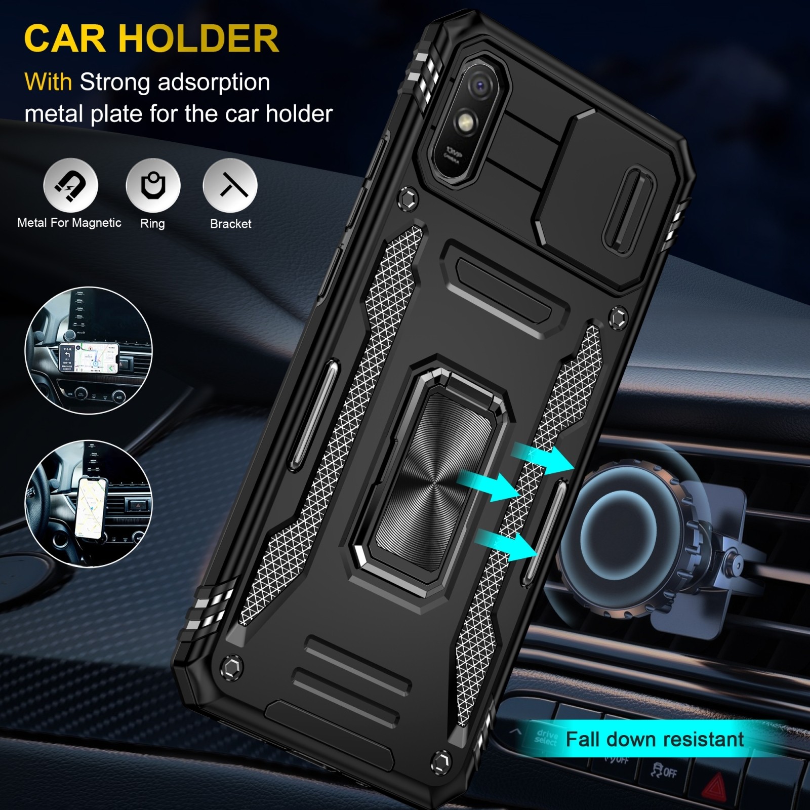 Xiaomi Redmi 9A / 9AT Θήκη Μαύρη Με Σταντ Armor PC + TPU Camera Shield Phone Case Black