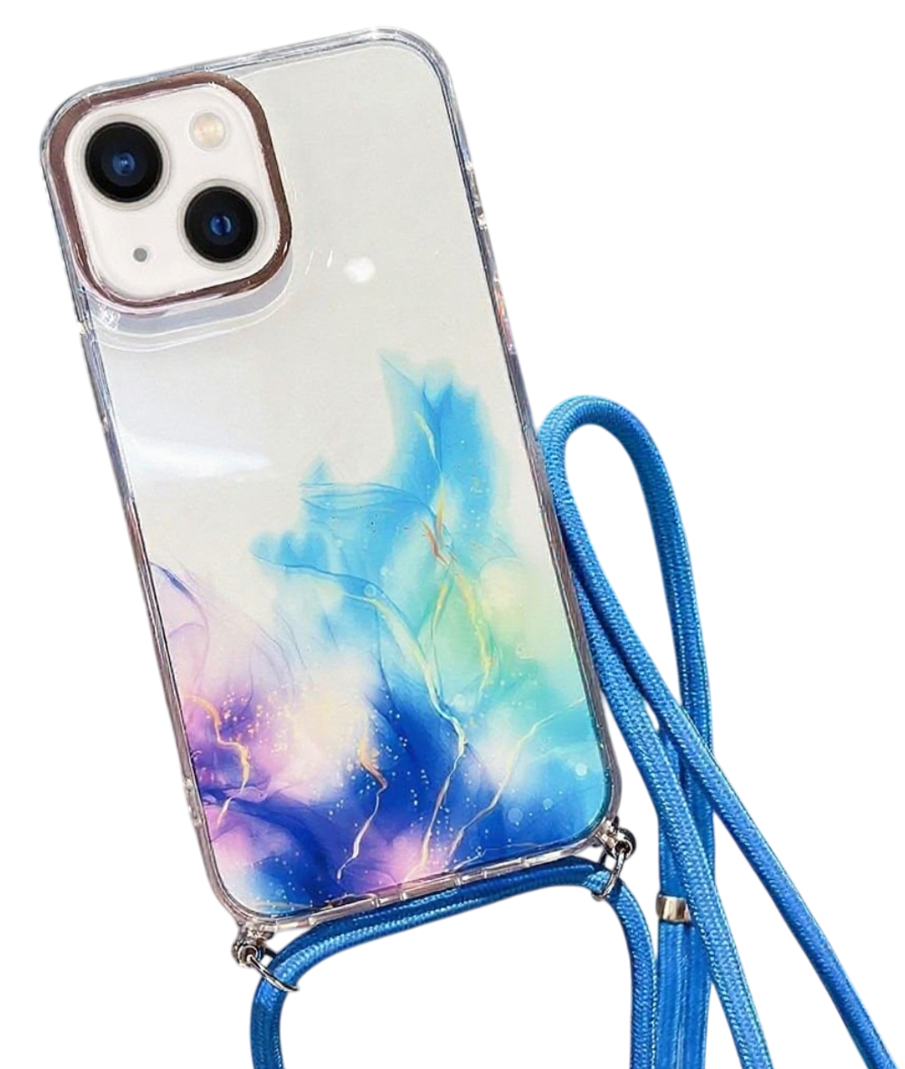 Forcell iPhone 14 Gold Halo Marble Pattern Lanyard Θήκη Σιλικόνης Διάφανη - Blue
