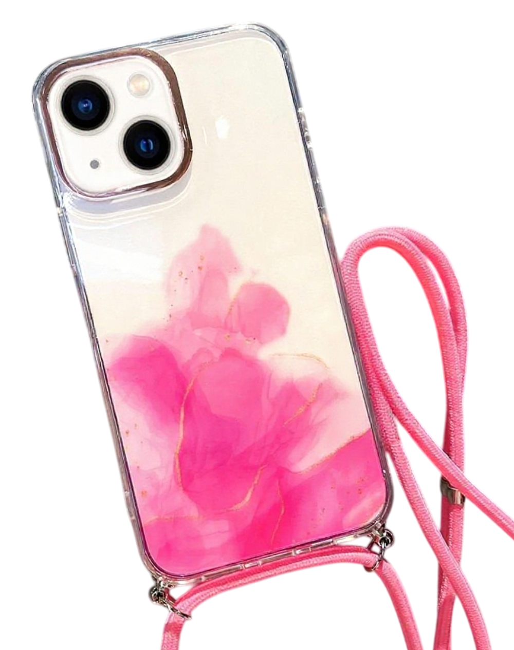 Forcell iPhone 14 Gold Halo Marble Pattern Lanyard Θήκη Σιλικόνης Διάφανη - Pink