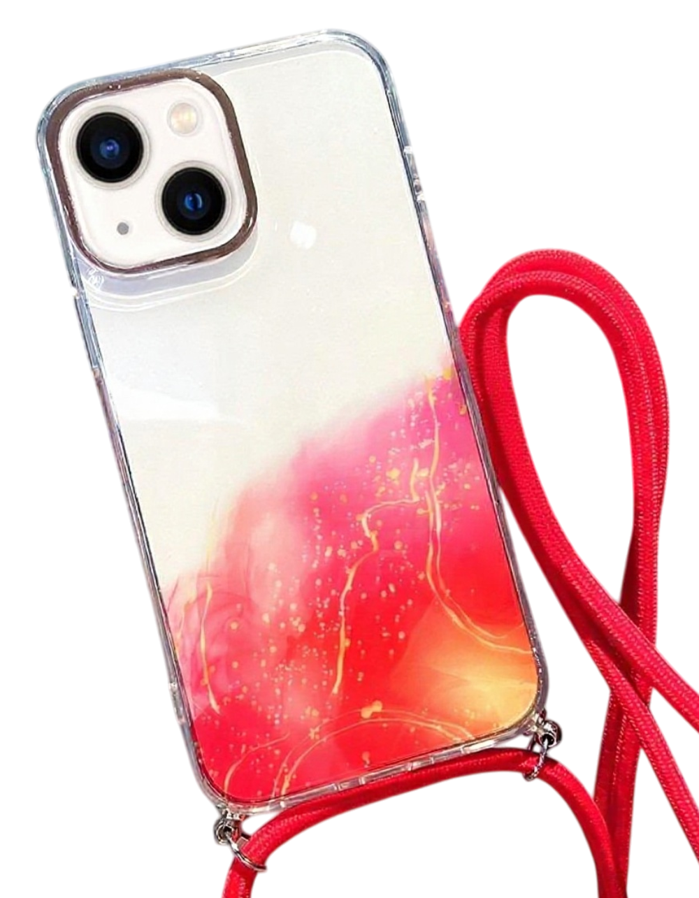 Forcell iPhone 14 Gold Halo Marble Pattern Lanyard Θήκη Σιλικόνης Διάφανη - Red