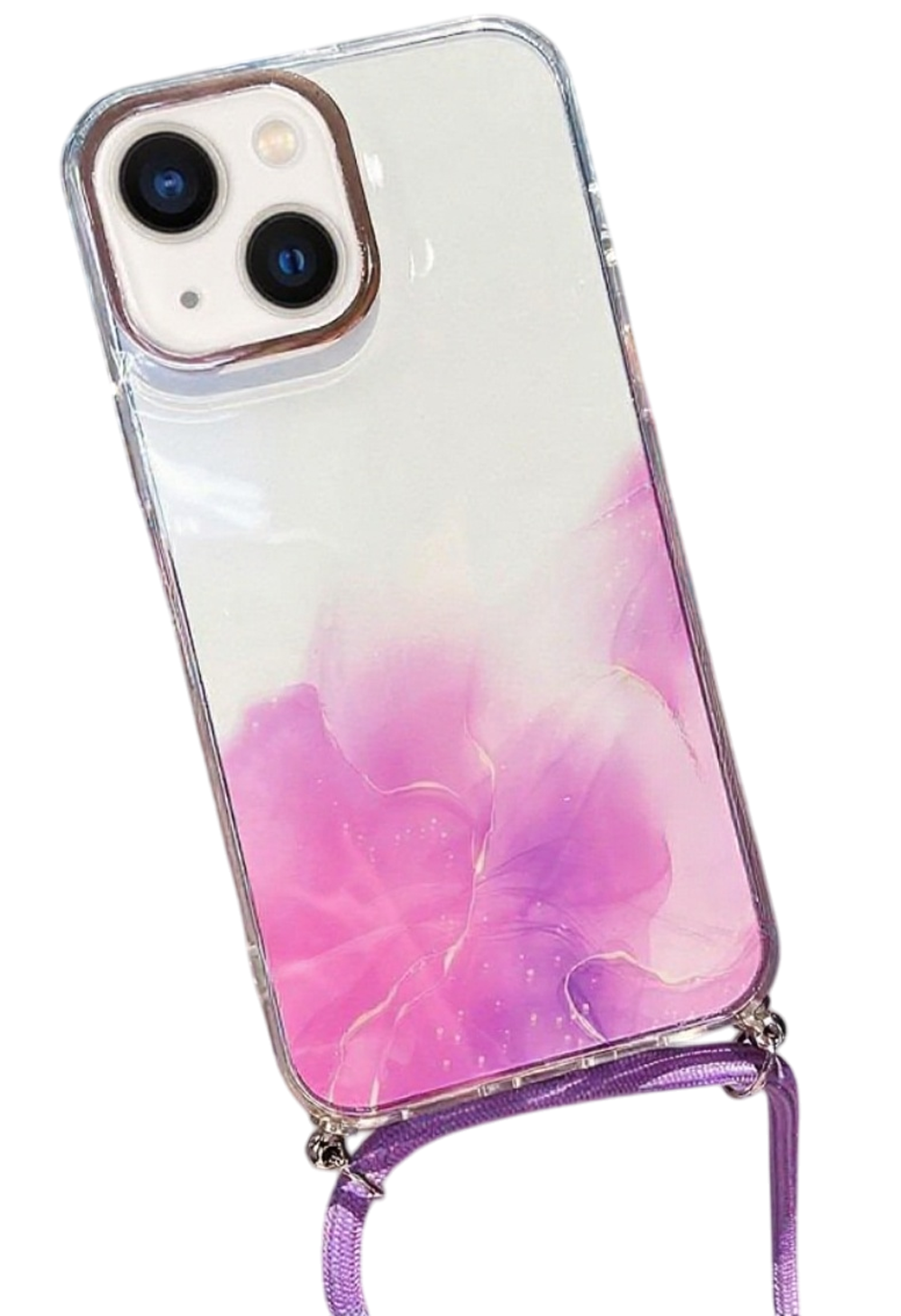 Forcell iPhone 14 Gold Halo Marble Pattern Lanyard Θήκη Σιλικόνης Διάφανη - Purple