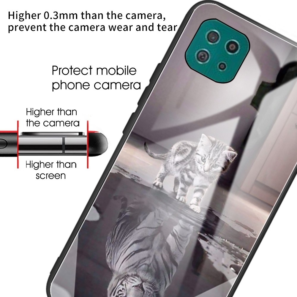 Samsung Galaxy A22 5G Θήκη Με Πλαίσιο Σιλικόνης Και Όψη Γυαλιού Colorful Painted Glass Shockproof Protective Case Cat